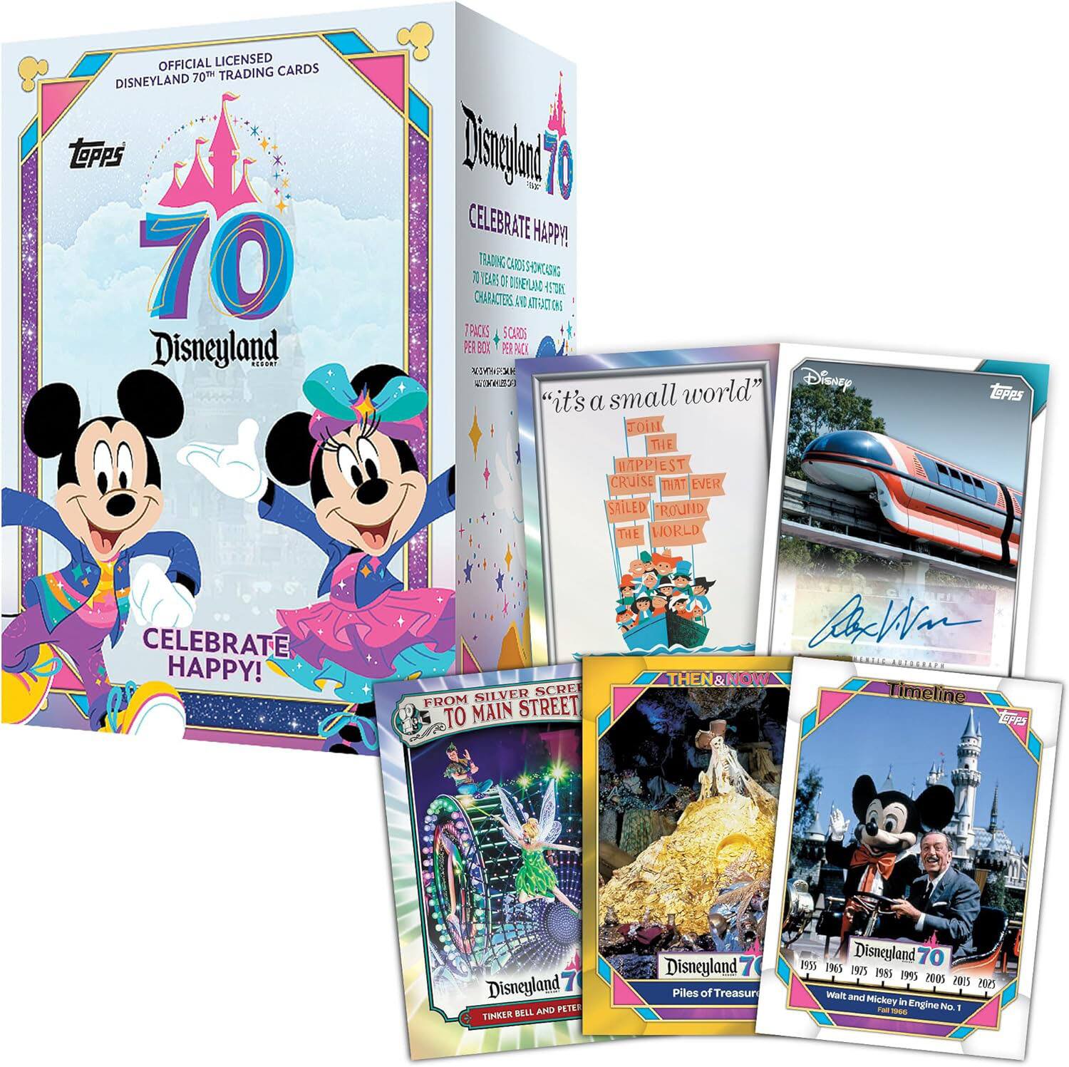 OFFICIAL LICENSED  
DISNEYLAND 70TH TRADING CARDS  
700 TRADING CARDS  
TEPPS  
CELEBRATE HAPPY!  

"it's a small world"  
THE HAPPIEST CRUISE THAT EVER SAILED ROUND THE WORLD  

FROM SILVER SCREEN TO MAIN STREET THEN & NOW  
Timeline  

DISNEYLAND 70  
Piles of Treasure  
Tinker Bell and Peter Pan  

DISNEYLAND 70  
Walt and Mickey in Engine No. 1  

1955 1965 1975 1985 1995 2005 2015 2025  

7 PACKS OF 100 CARDS  
70 CHARACTERS, 200+ SCENES  
PEARL BOX  
400+ CARDS IN SET  
470+ CARDS IN BOX
