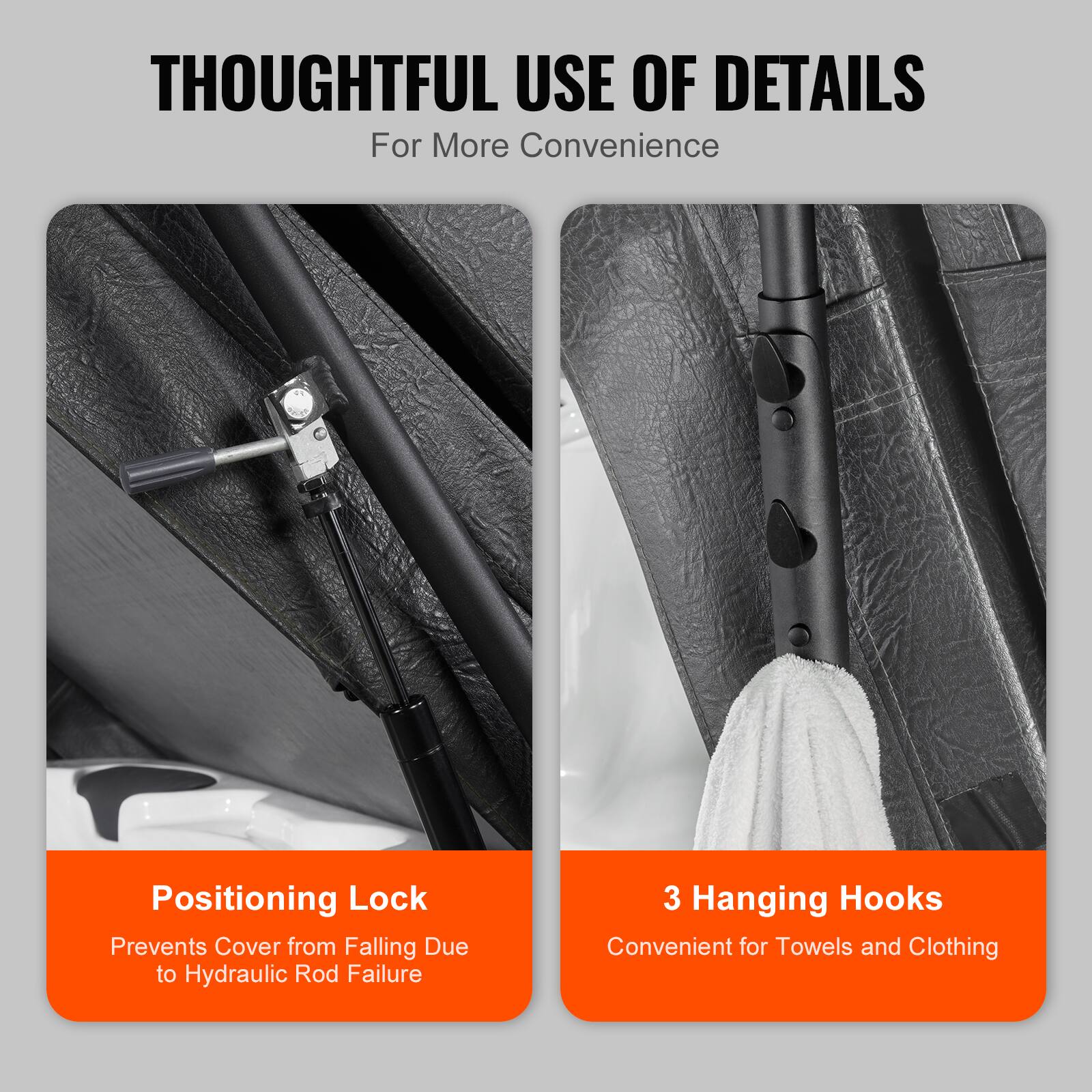 THOUGHTFUL USE OF DETAILS  
For More Convenience  

Positioning Lock  
Prevents Cover from Falling Due to Hydraulic Rod Failure  

3 Hanging Hooks  
Convenient for Towels and Clothing