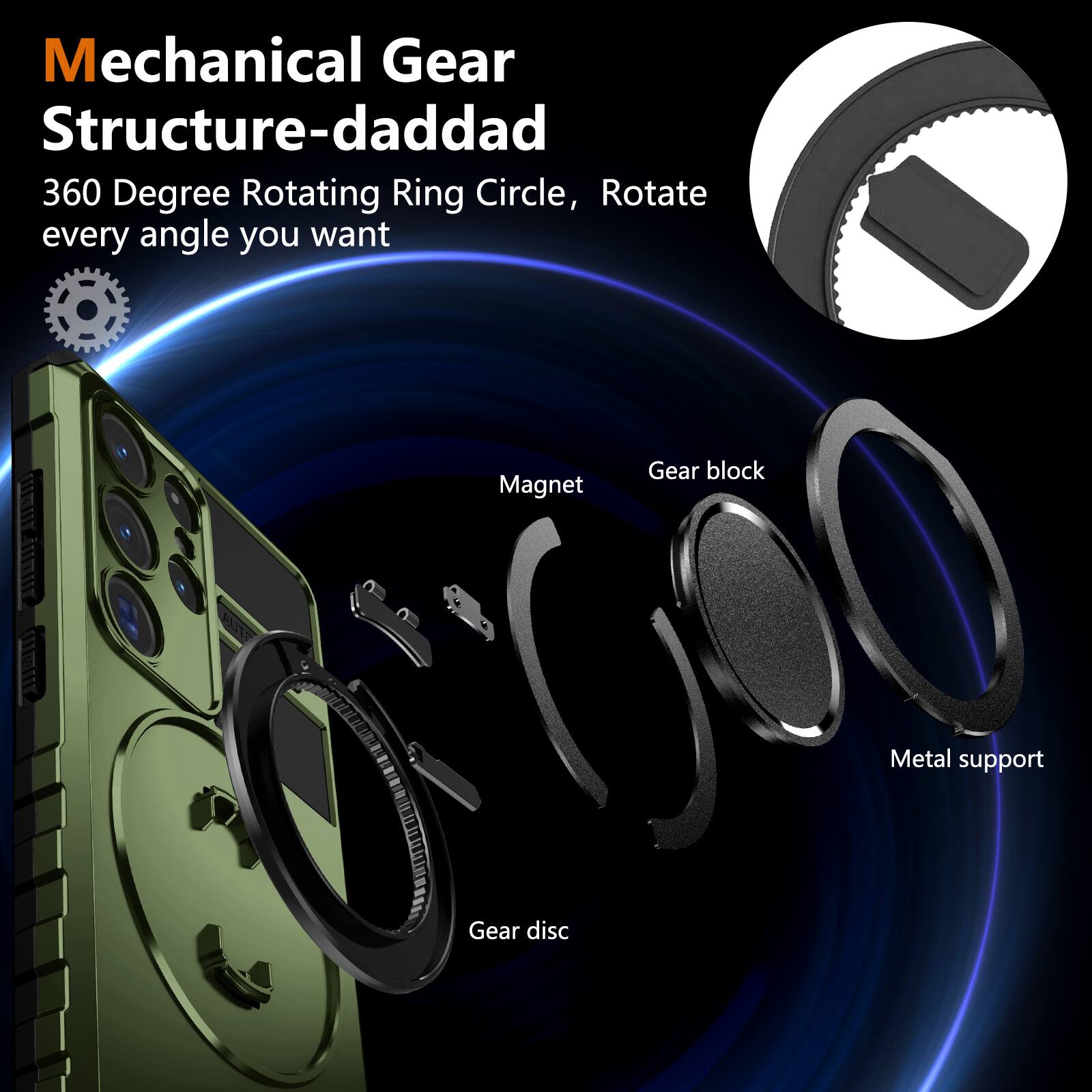 Mechanical Gear Structure-daddad  
360 Degree Rotating Ring Circle, Rotate every angle you want  

- Magnet  
- Gear block  
- Metal support  
- Gear disc