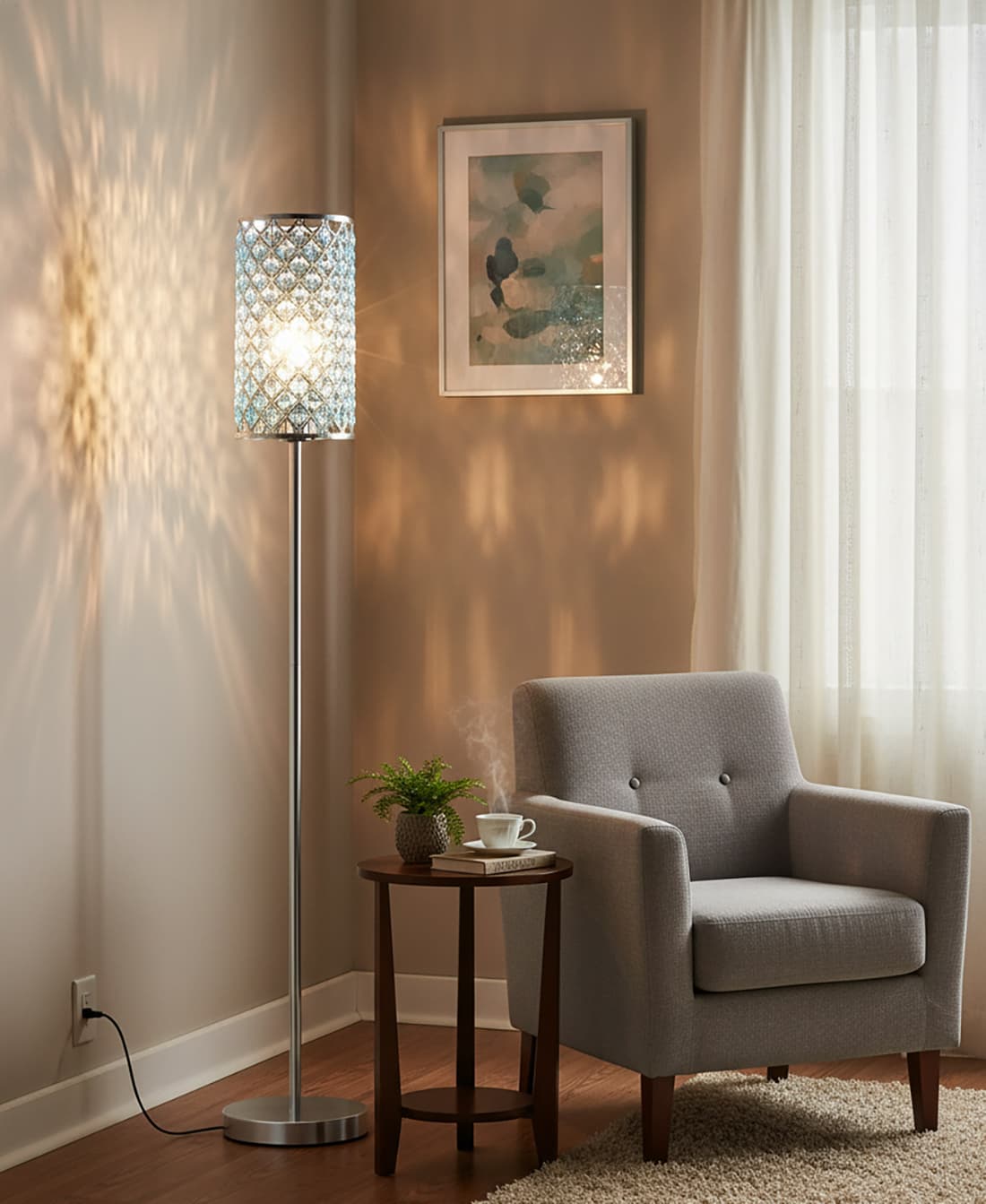 Alt View 3. FINEAK - Silver Crystal Floor Lamp - Elegant Tall Pole Standing Light with Teal Shade (E26 Base - Chrome.