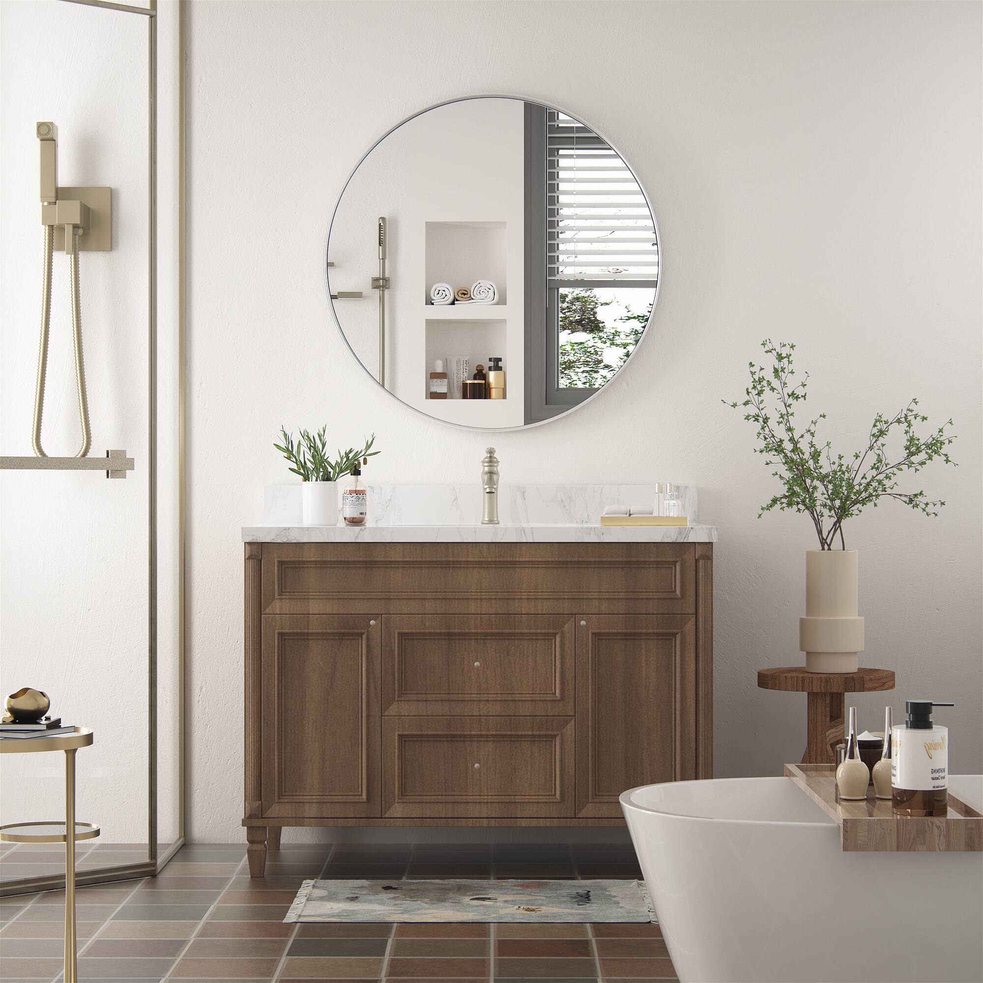 Back. PAIHOME - 36 Inch Round Bathroom Mirror, Metal Frame Circle Vanity Mirror for Bedroom, Living Room - Silver.