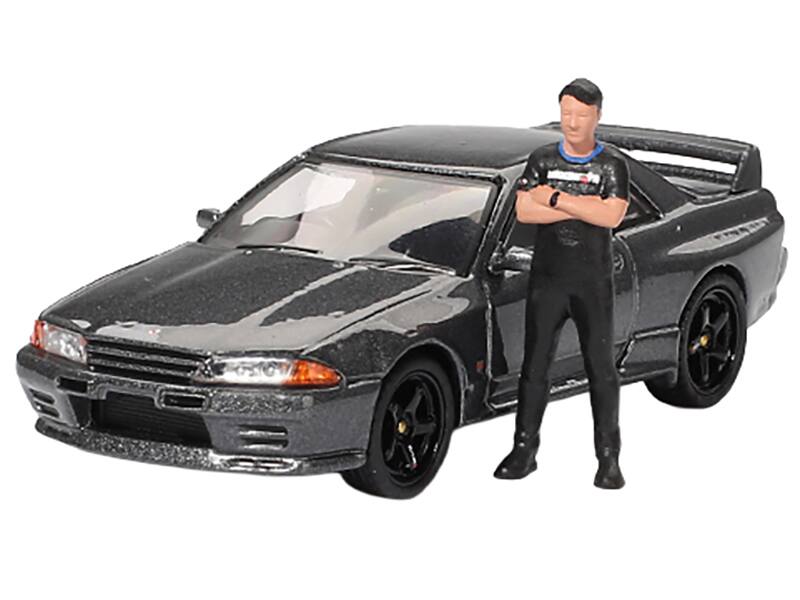 Alt View 4. True Scale Miniatures - Nissan Skyline GT-R (R32) RHD Gunmetal Gray Metallic with Figure Limited Edition 1/64 Diecast Model Car by Mini GT.
