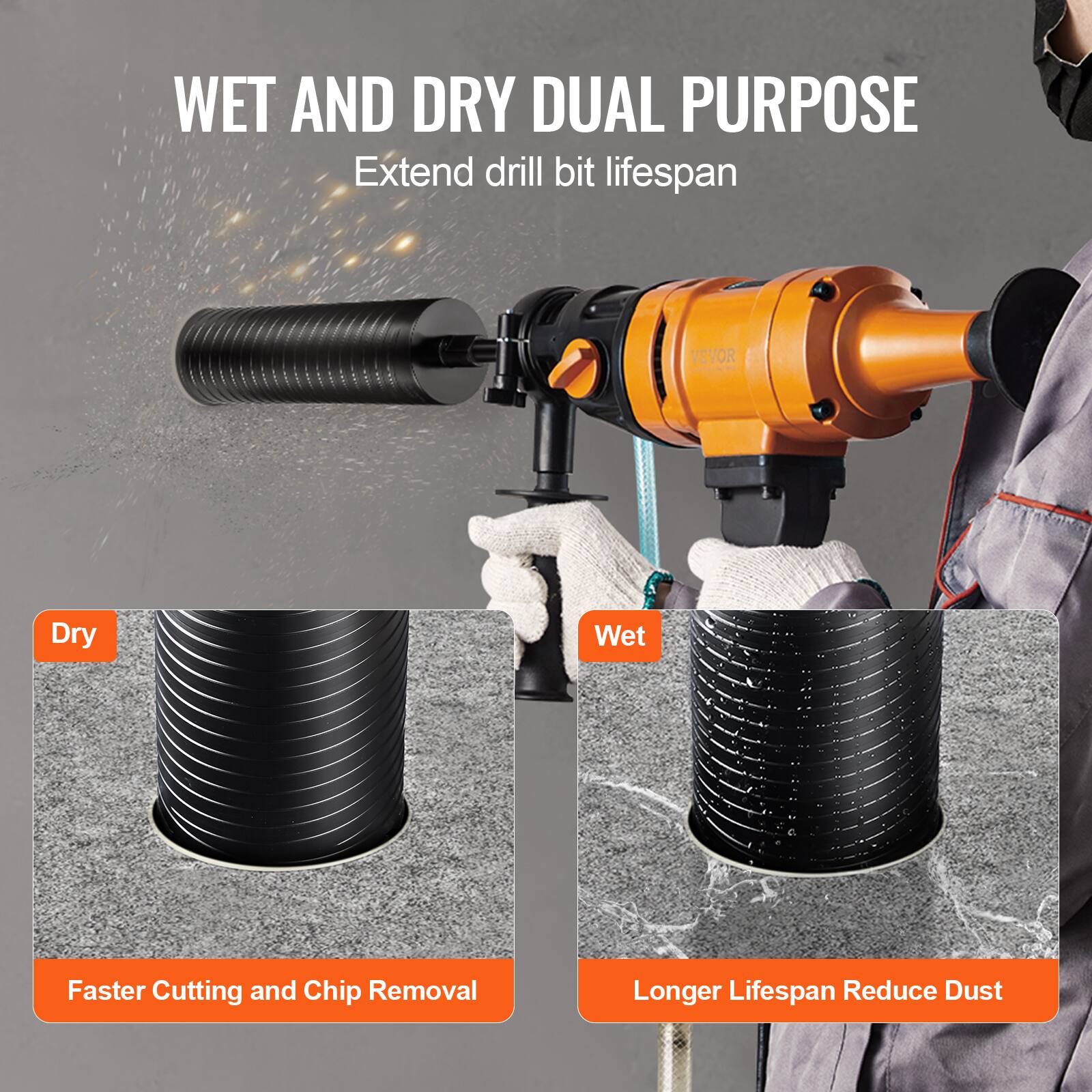WET AND DRY DUAL PURPOSE  
Extend drill bit lifespan  

Dry  
Faster Cutting and Chip Removal  

Wet  
Longer Lifespan Reduce Dust