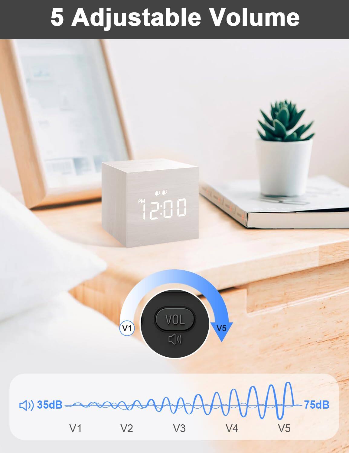 5 Adjustable Volume

1 PM 12:00

V1 VOL V5

35dB 75dB

V1 V2 V3 V4 V5