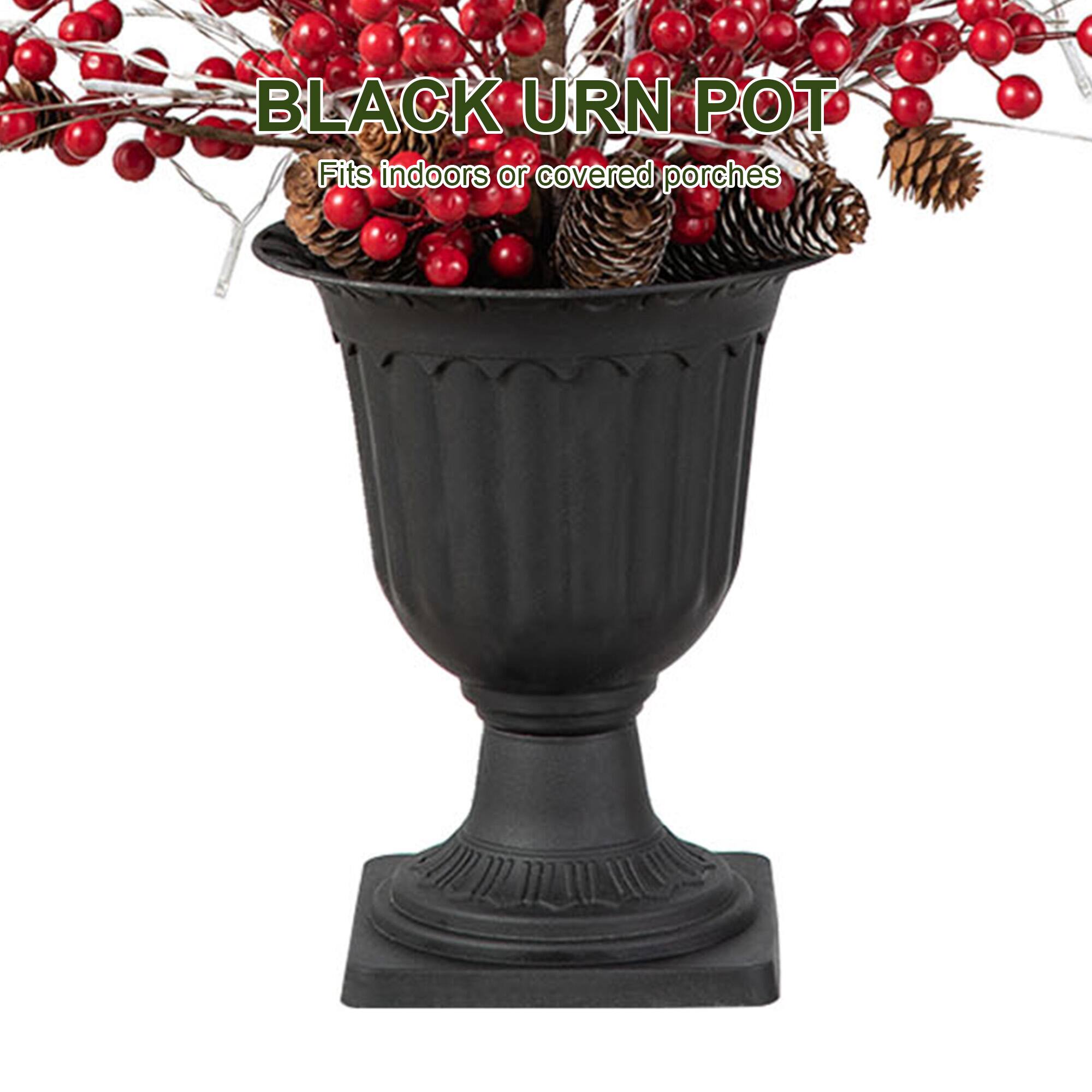 BLACK URN POT  
Fits indoors or covered porches