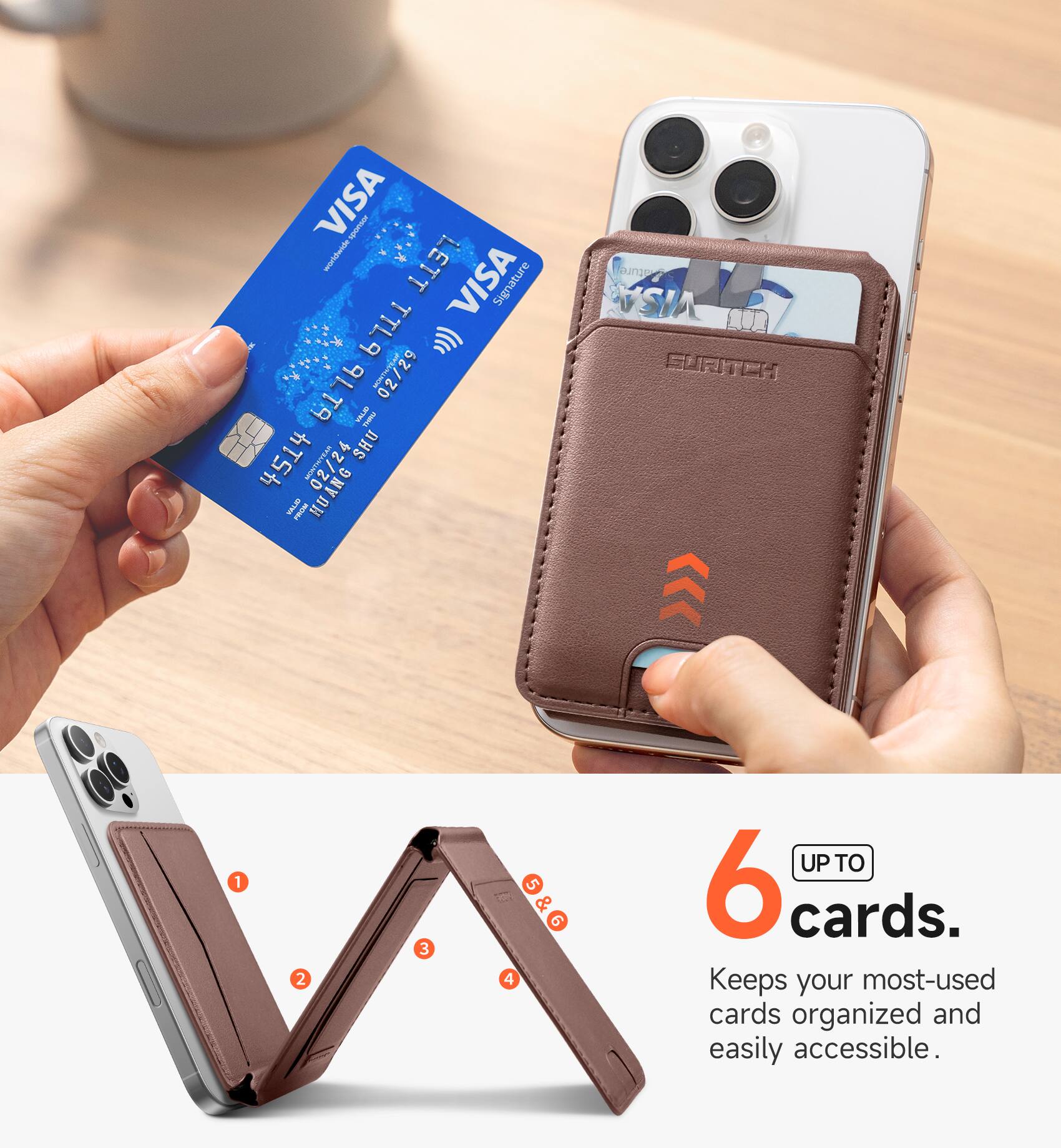 VISA worldwide sporyour LETT VISA Signature TTL9 9 (() TA 9L Vorver.in 02/29 VISLAY THAY 4514 MONTH/YEAR 4 SHU VALIO FROM HUANG

ature VISA SURITCH

1
2
3
4
5 & 9

UP TO 6 cards. Keeps your most-used cards organized and easily accessible.