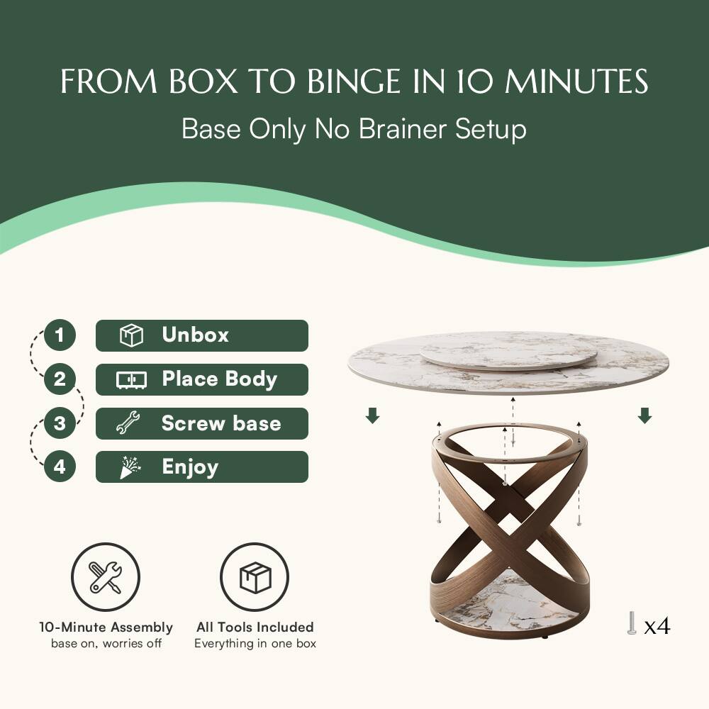 FROM BOX TO BINGE IN 10 MINUTES  
Base Only No Brainer Setup  

1. Unbox  
2. Place Body  
3. Screw base  
4. Enjoy  

10-Minute Assembly  
base on, worries off  

All Tools Included  
Everything in one box  

x4