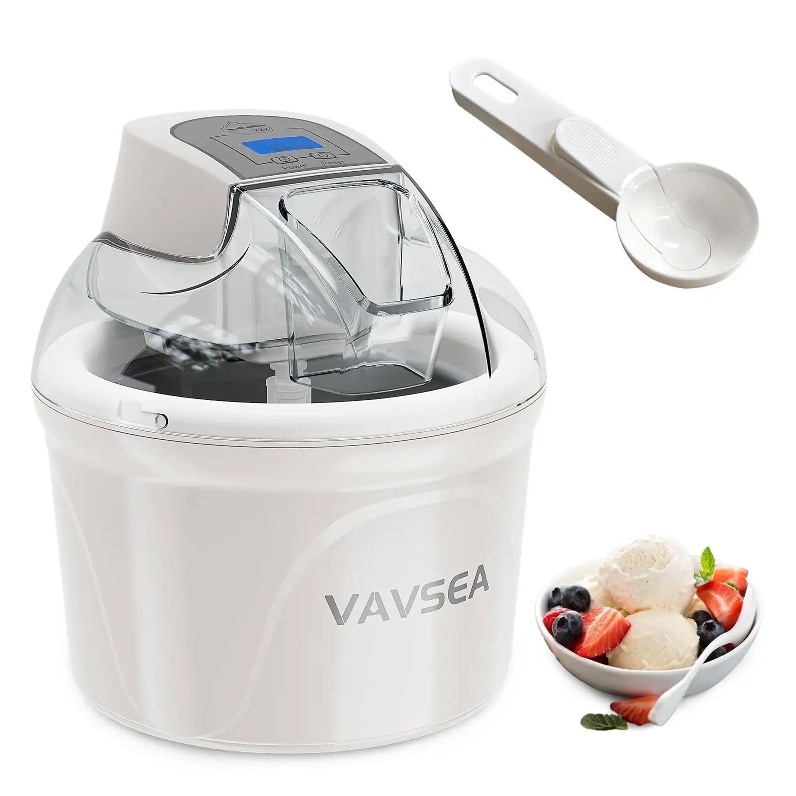VAVSEA - 1.5 Qt Ice Cream Maker with Scoop, Ice Cream Machine with LCD Digital Display & Timer, Double-Insulated Freezer Bowl, So - White