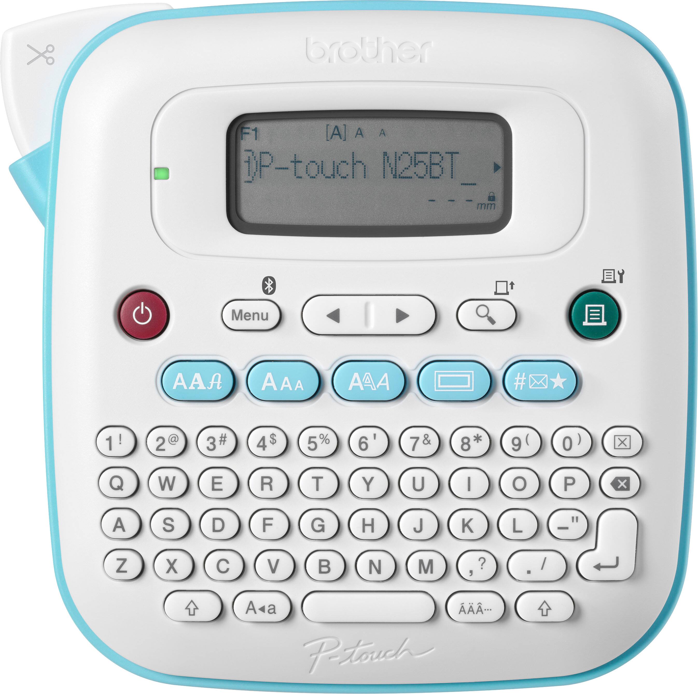 The text on the image is a description of a Brother F1 A A DP-touch N25BT device, which is a small keyboard with a touch screen. The device has a blue and white color scheme and features a menu button with the letters AAA on it. The keyboard also has a touch screen and is designed for easy use.
