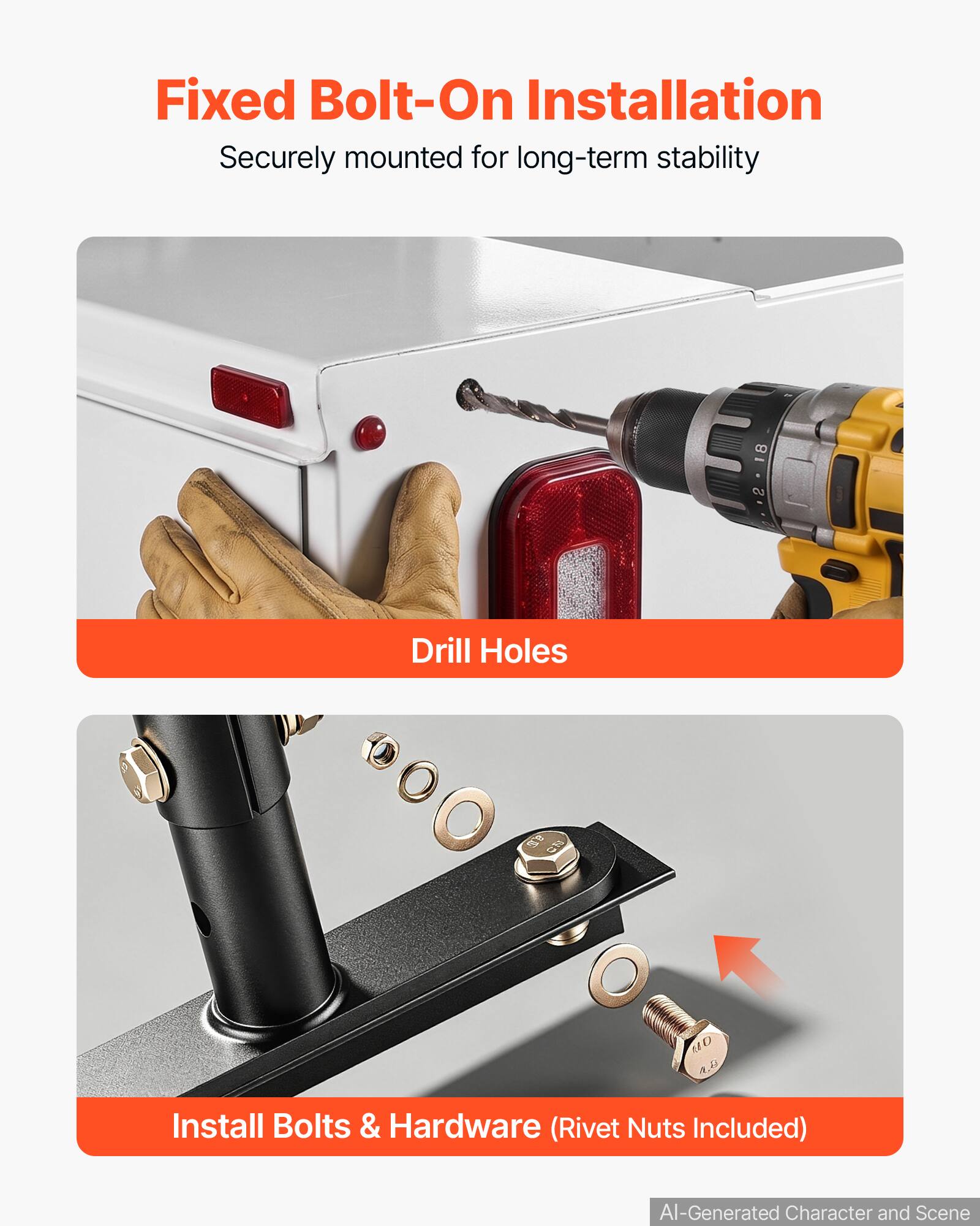 Fixed Bolt-On Installation  
Securely mounted for long-term stability

1. Drill Holes
2. Install Bolts & Hardware (Rivet Nuts Included)