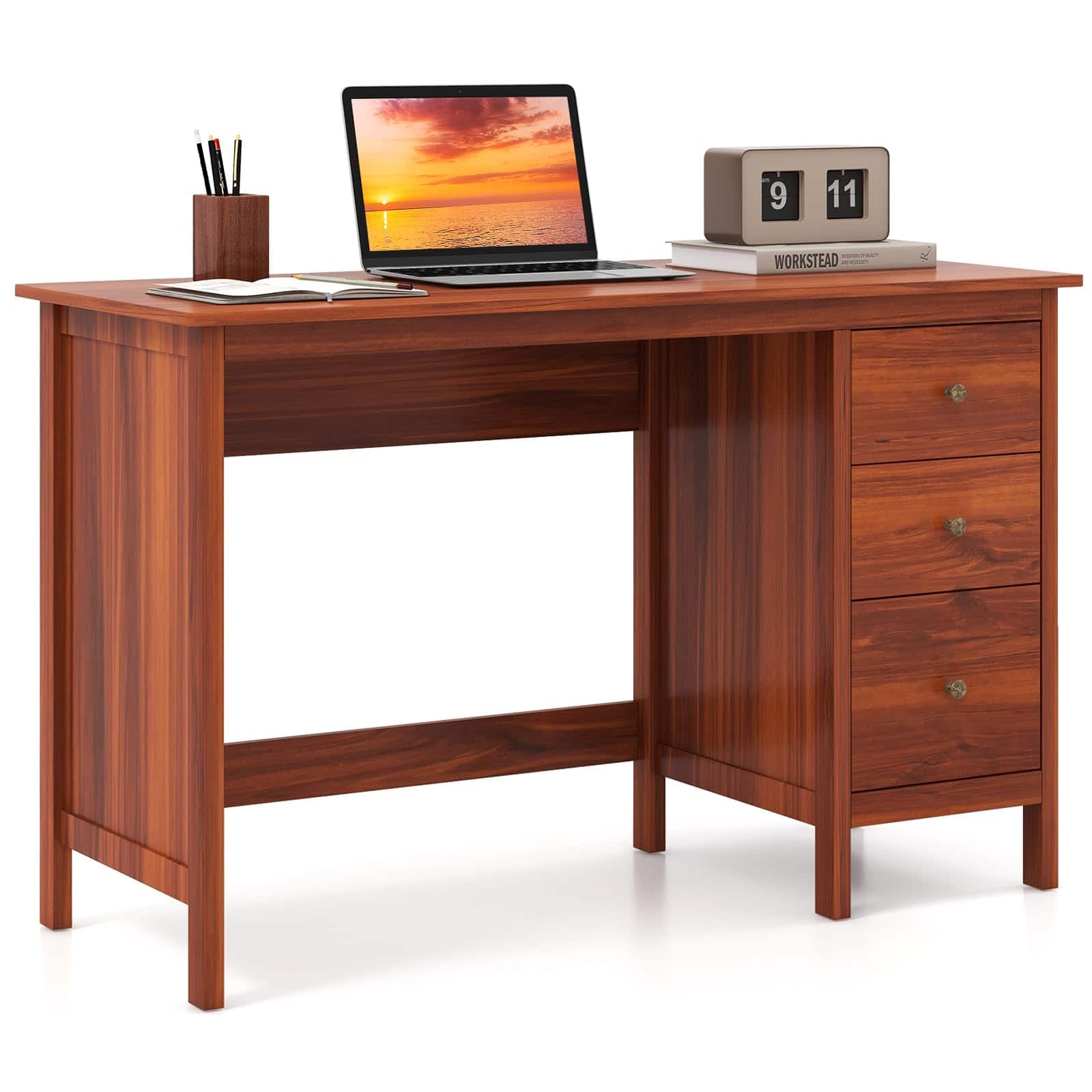 Ecooso - Computer Desk with 3 Drawers, Spacious Desktop, Home Office Study Workstation - Brown