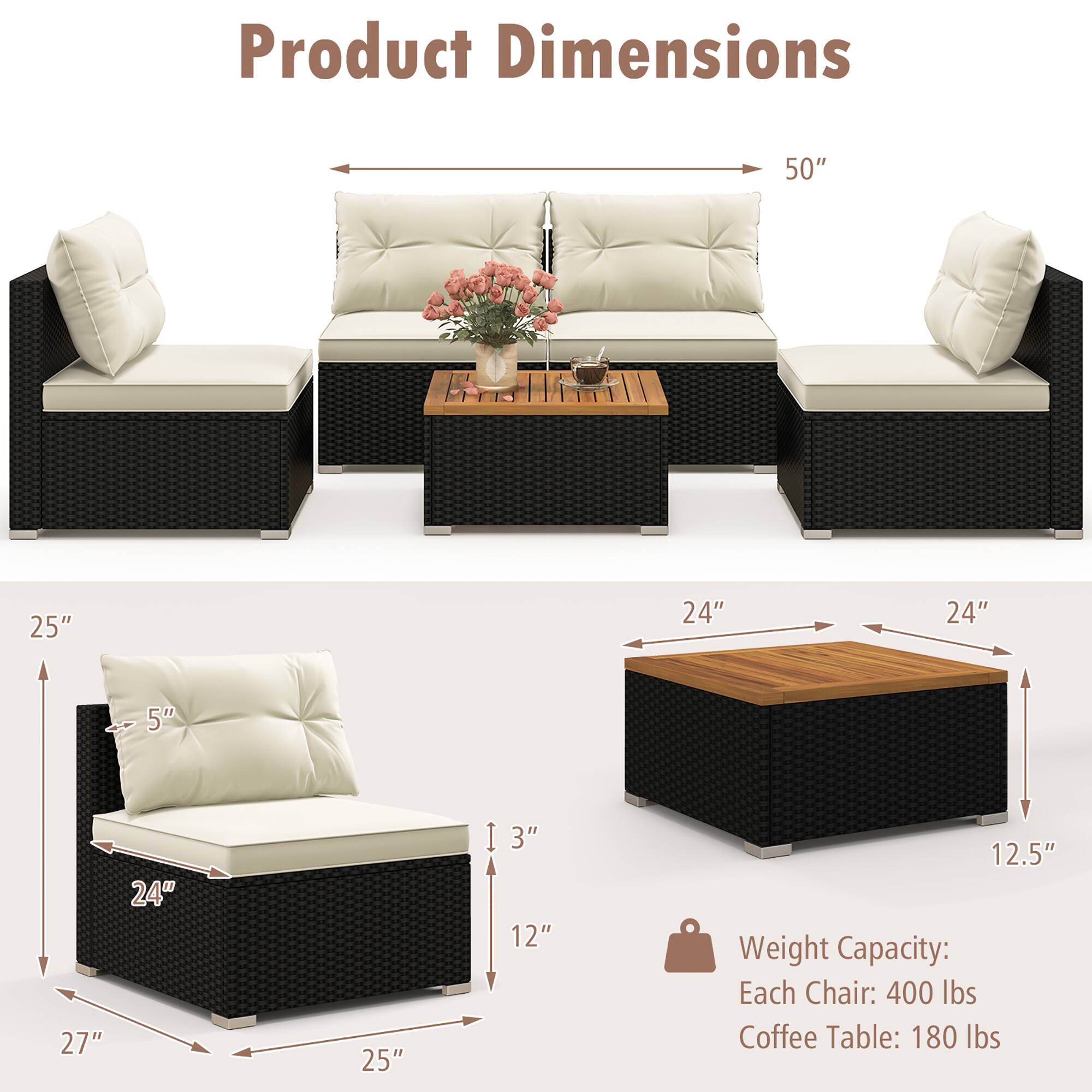 Product Dimensions

- Sofa: 50" (length) x 25" (height) x 24" (depth)
- Armchair: 27" (width) x 25" (depth) x 24" (height) x 5" (seat height) x 3" (seat depth)
- Coffee Table: 24" (width) x 24" (depth) x 12.5" (height)

Weight Capacity:
- Each Chair: 400 lbs
- Coffee Table: 180 lbs