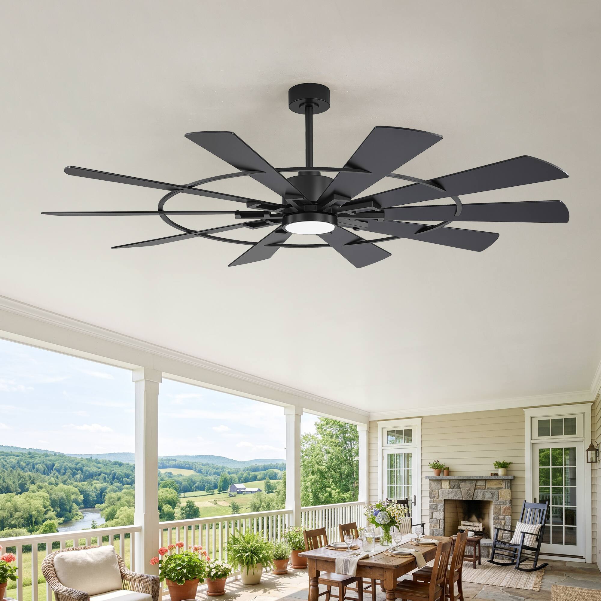 Alt View 6. Breezary - 62-In LED Ceiling Fan with Light, 10 Plywood Blades, 6-Speed DC Motor, Remote, 3CCT, 6"/12" Downrods - 62-inch Black.