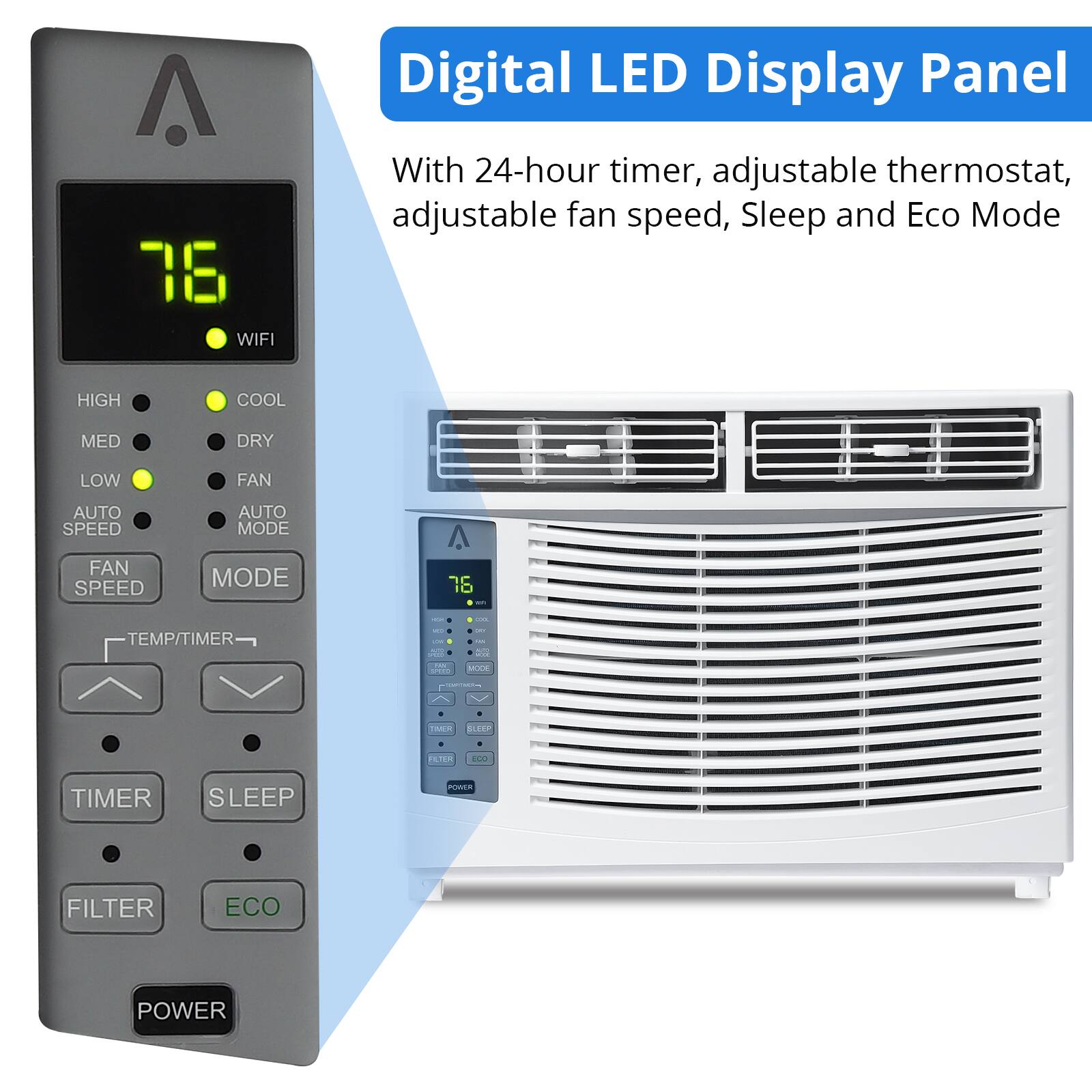 Digital LED Display Panel 76 WIFI With 24-hour timer, adjustable thermostat, adjustable fan speed, Sleep and Eco Mode

HIGH COOL MED DRY LOW FAN AUTO SPEED AUTO MODE FAN SPEED MODE 75 - TEMP/TIMER -- - - P - SED .. - - 20 MODE TAER TE  D TIMER S LEEP PONE FILTER ECO POWER