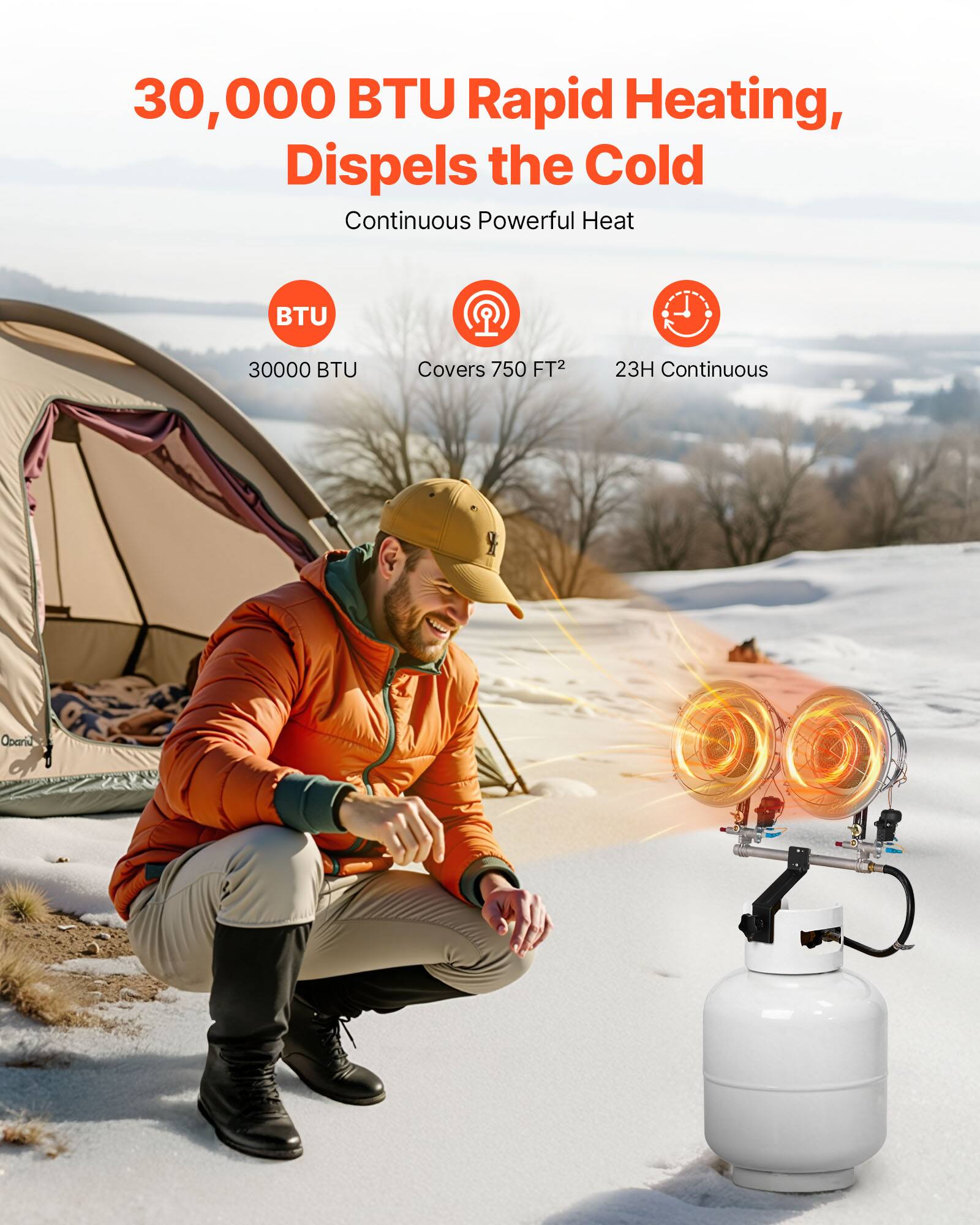 30,000 BTU Rapid Heating, Disperses the Cold  
Continuous Powerful Heat  
30,000 BTU  
Covers 750 FT²  
23H Continuous