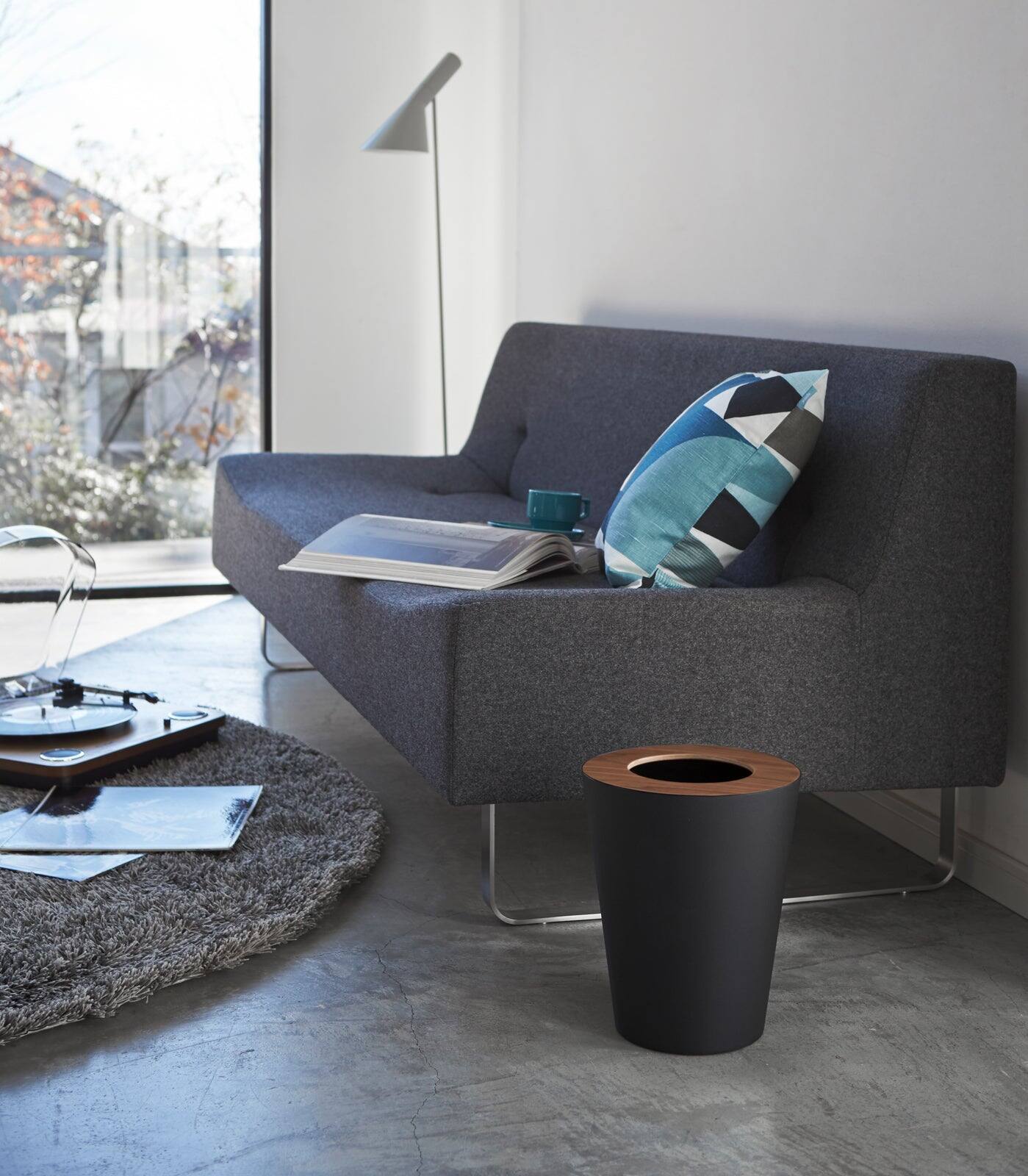 Alt View 1. Yamazaki Home - Trash Can - Round - Steel + Wood - Black.