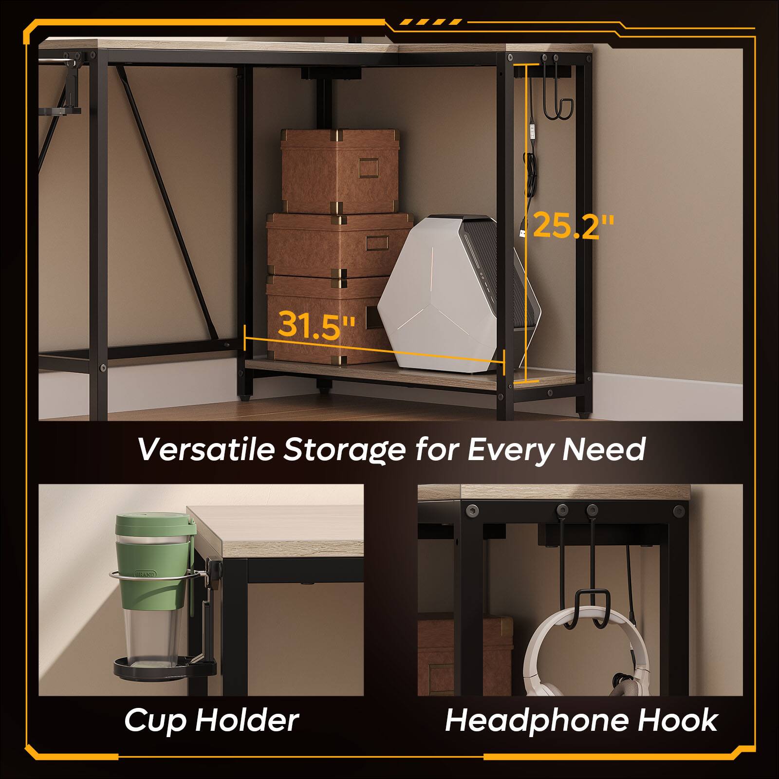 Versatile Storage for Every Need: Cup Holder, Headphone Hook, 25.2" 31.5"