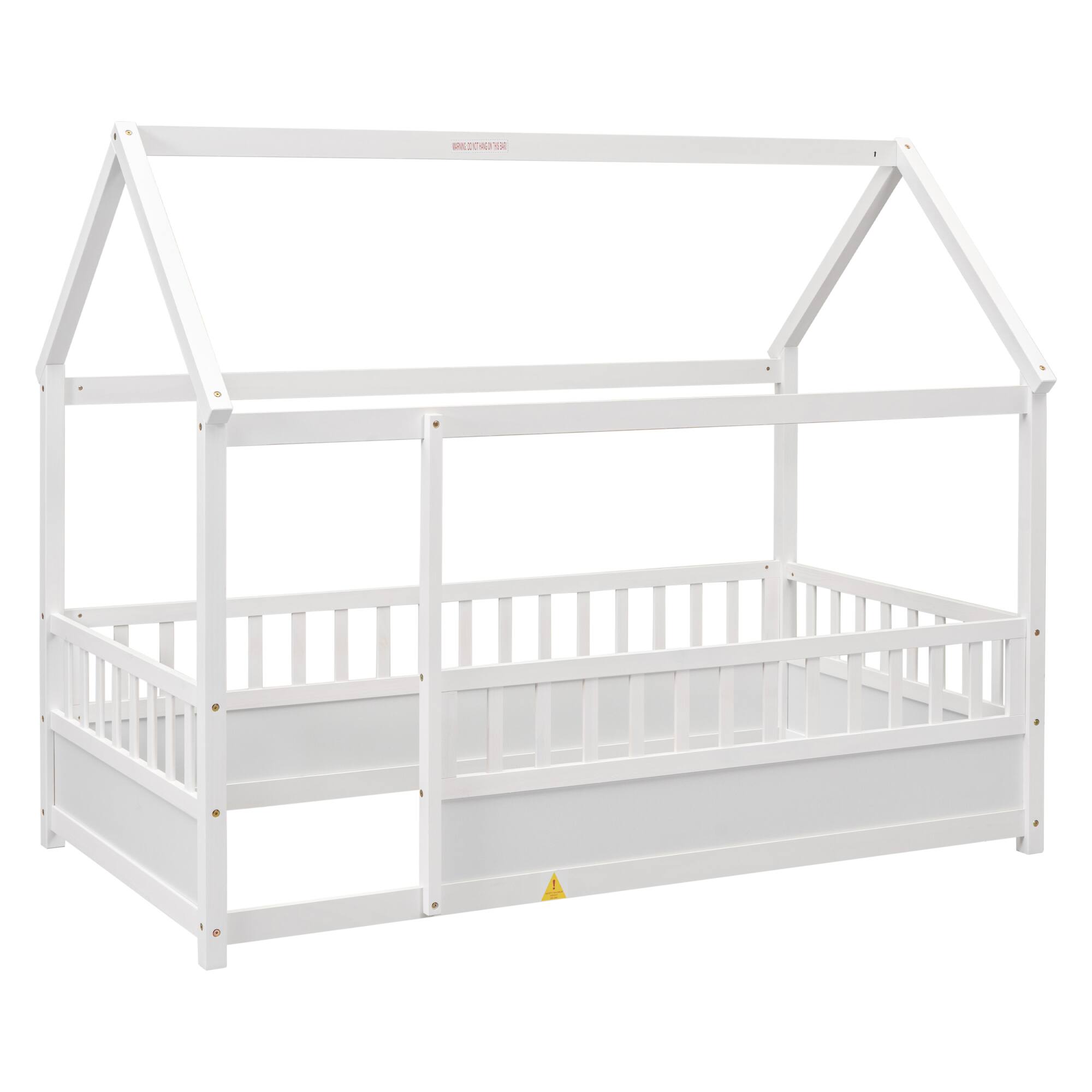 Alt View 2. GOODSILO - Twin Size Floor Bed with Playhouse Roof Design and Safety Guardrails for Children's Bedroom - White.