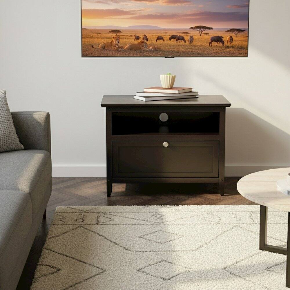 Alt View 2. FurniFact - Small Wooden TV Stand With Shelf And Pull Down Door For Living Room - Brown.