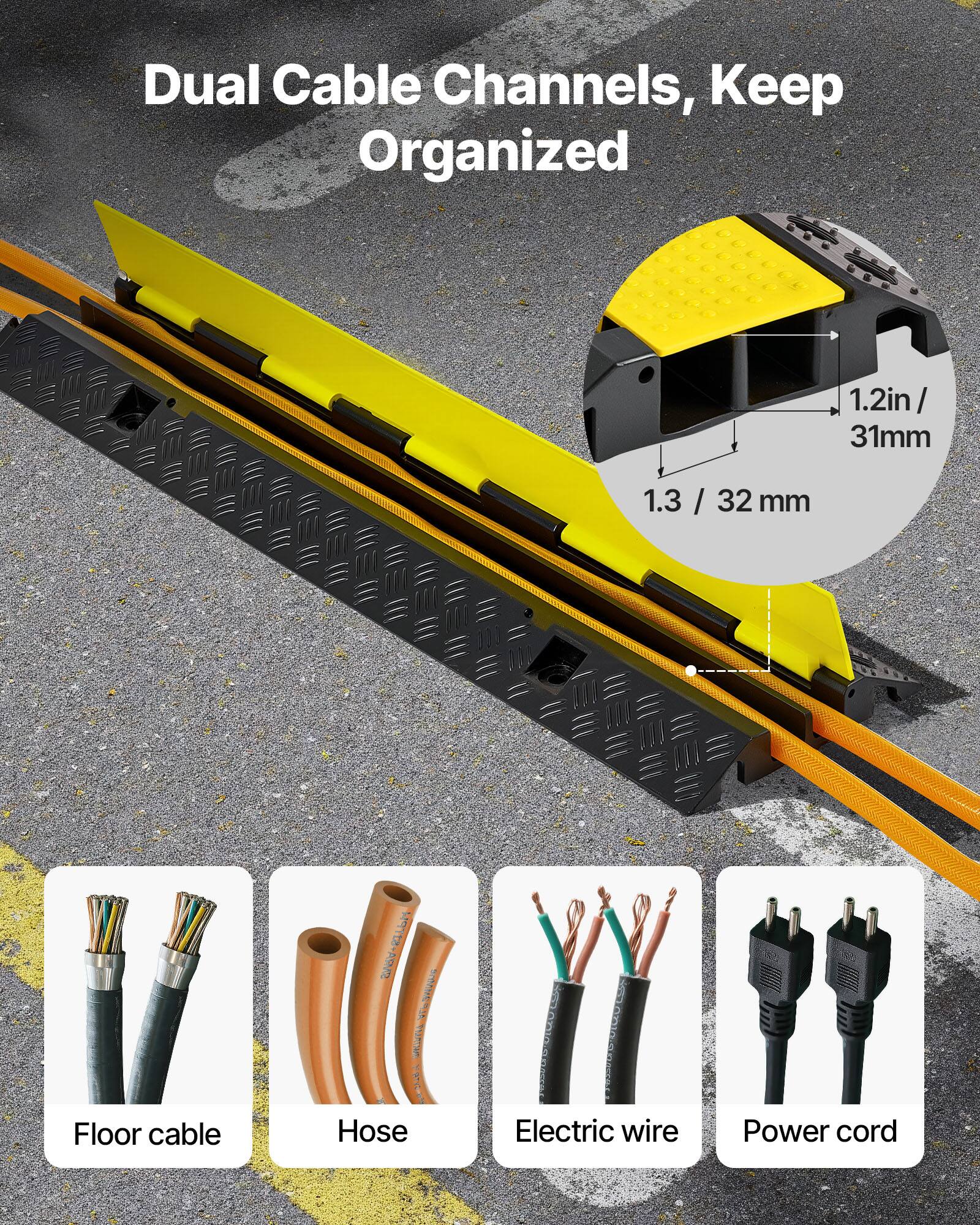 Dual Cable Channels, Keep Organized

1.2in / 31mm  
1.3 / 32 mm

Floor cable  
Hose  
Electric wire  
Power cord