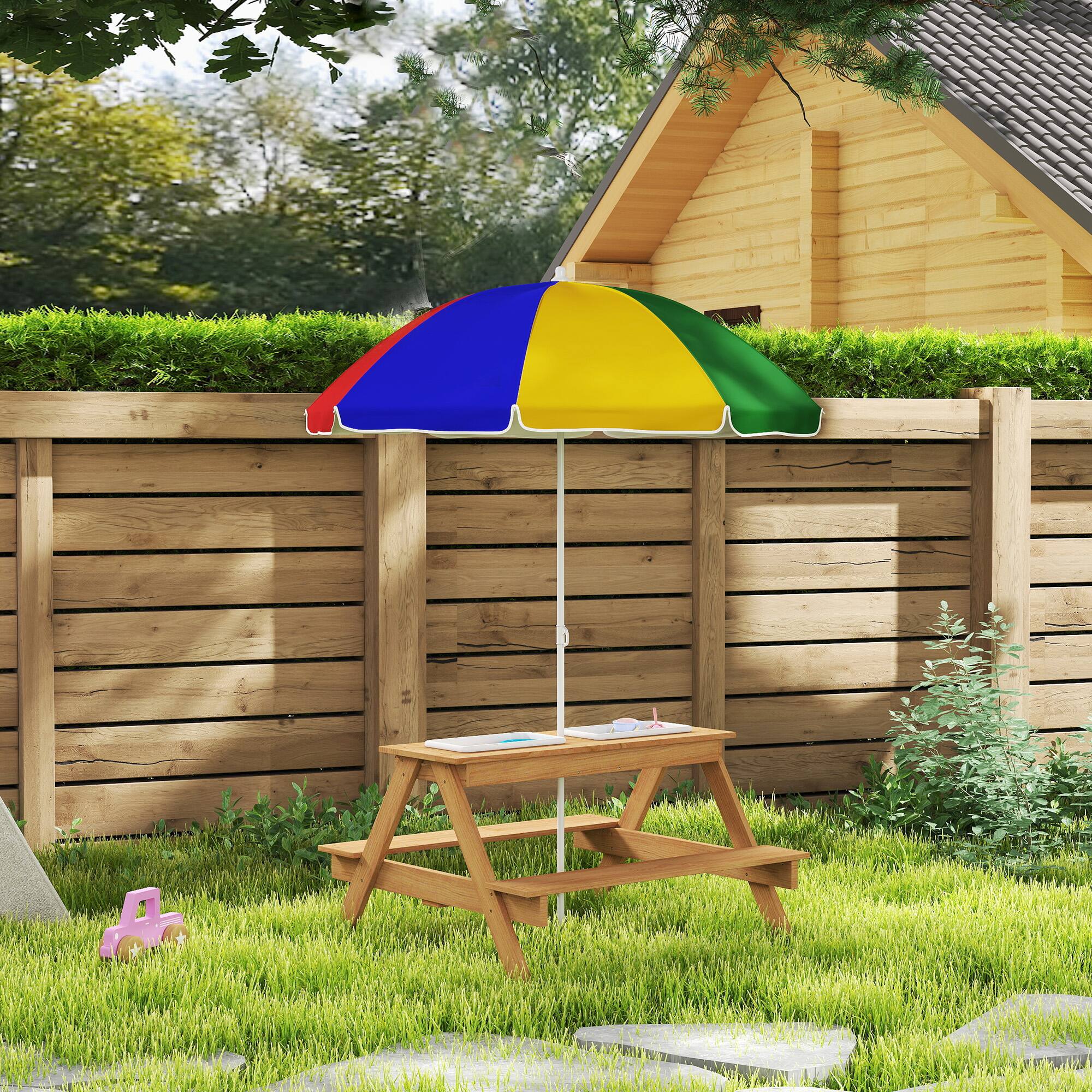 Alt View 1. Qaba - Outdoor Kids Picnic Table with Removable Umbrella, Children Sand and Water Activity Table for Patio - Mixed Color.