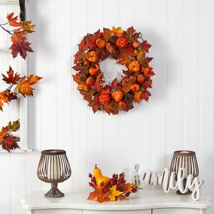 Front. BreeBe - 24” Maple Leaves, Pumpkin, Pinecone and Berries Wreath - Green.