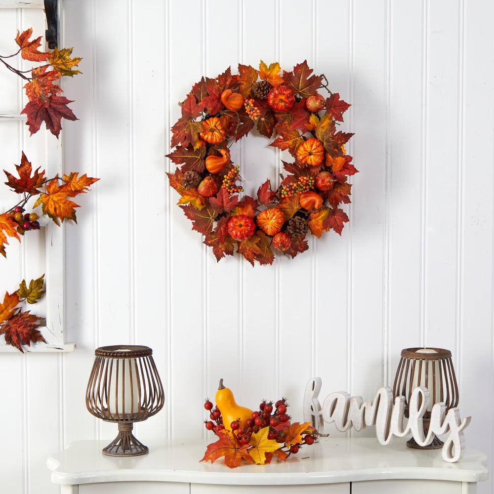 Front. BreeBe - 24” Maple Leaves, Pumpkin, Pinecone and Berries Wreath - Green.
