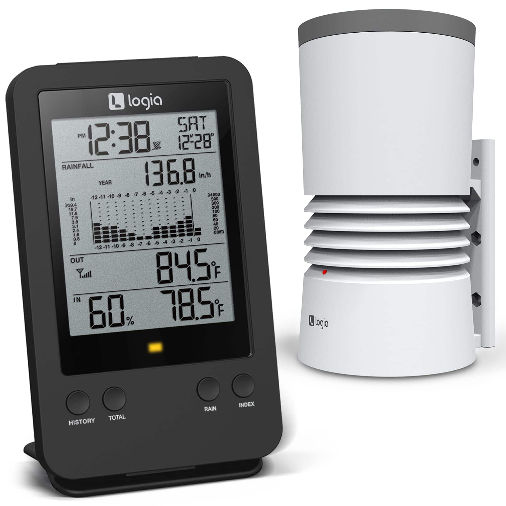 Logia - 3-in-1 Rain Gauge Weather Station with Temperature & Humidity, Indoor/Outdoor Weather Station - Black and White