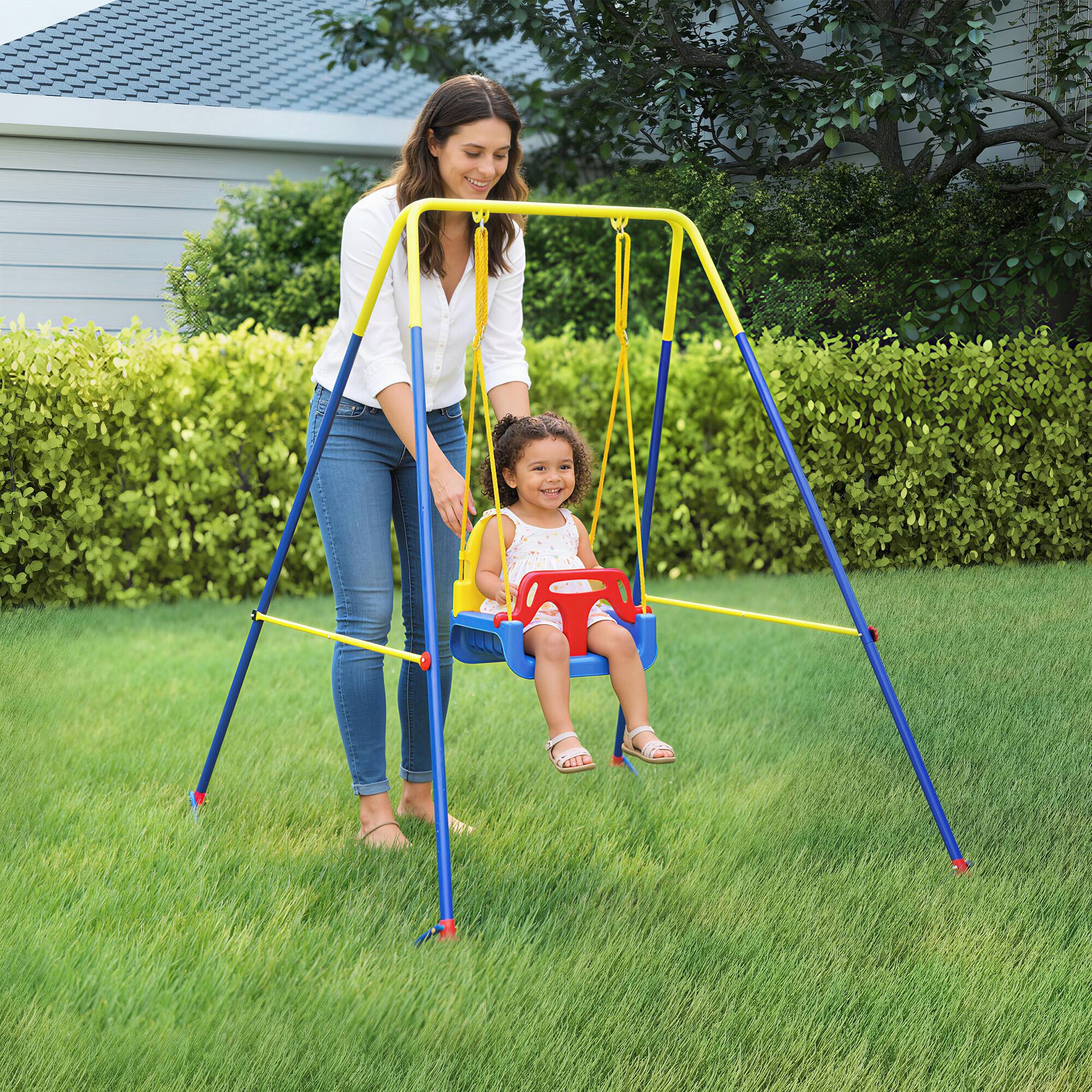 Alt View 1. Qaba - in 1 Toddler Swing Set, Folding Child Swing Set with Seat Belt - Blue.