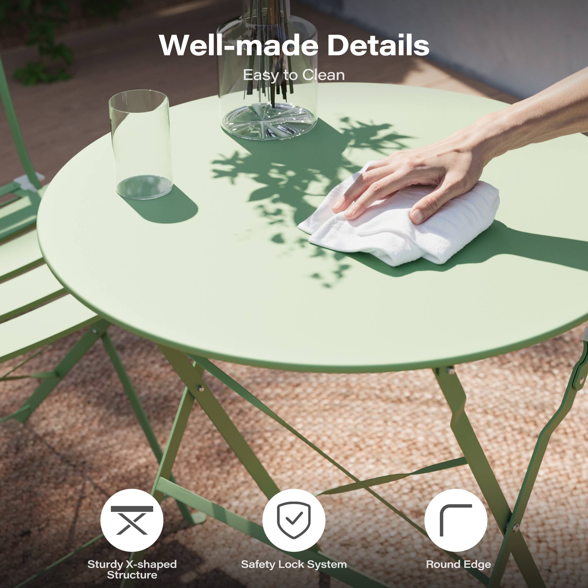 - Well-made Details
- Easy to Clean
- Sturdy X-shaped Structure
- Safety Lock System
- Round Edge