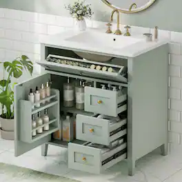 Whisen - 30 Inch Bathroom Vanity with Ceramic Sink Combo Modern 3 Drawer 1 Left Door Storage Cabinet Freestanding - Light Green