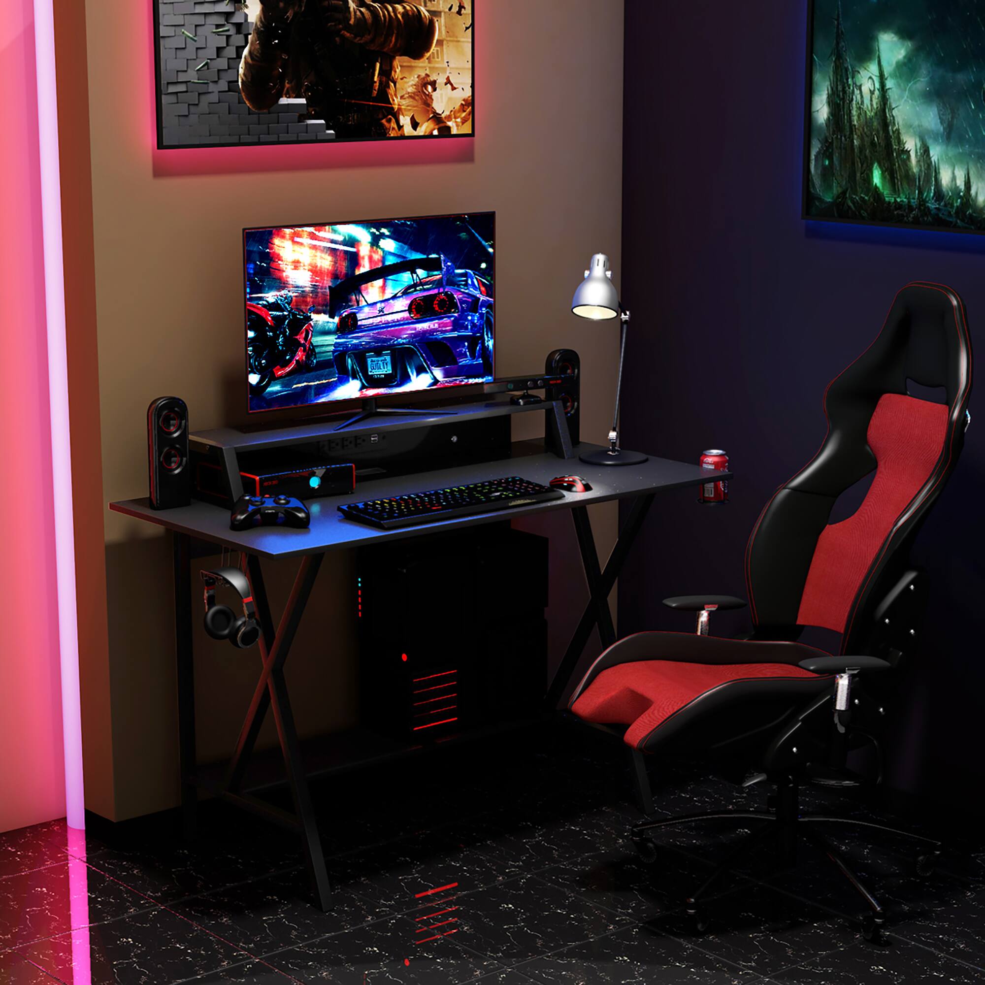 Angle. Costway - All-In-One Professional Gaming Desk with Headphone Storage and Power Outlet - Black.