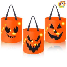 Joyfy - Halloween Party Favor 3PCS Trick-or-Treat Pumpkin Buckets LED Kids Goody Treat Reusable Candy Bags Halloween Decorations - Orange