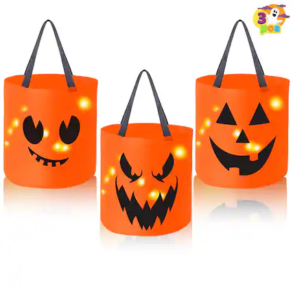 Front. Joyfy - Halloween Party Favor 3PCS Trick-or-Treat Pumpkin Buckets LED Kids Goody Treat Reusable Candy Bags Halloween Decorations - orange.