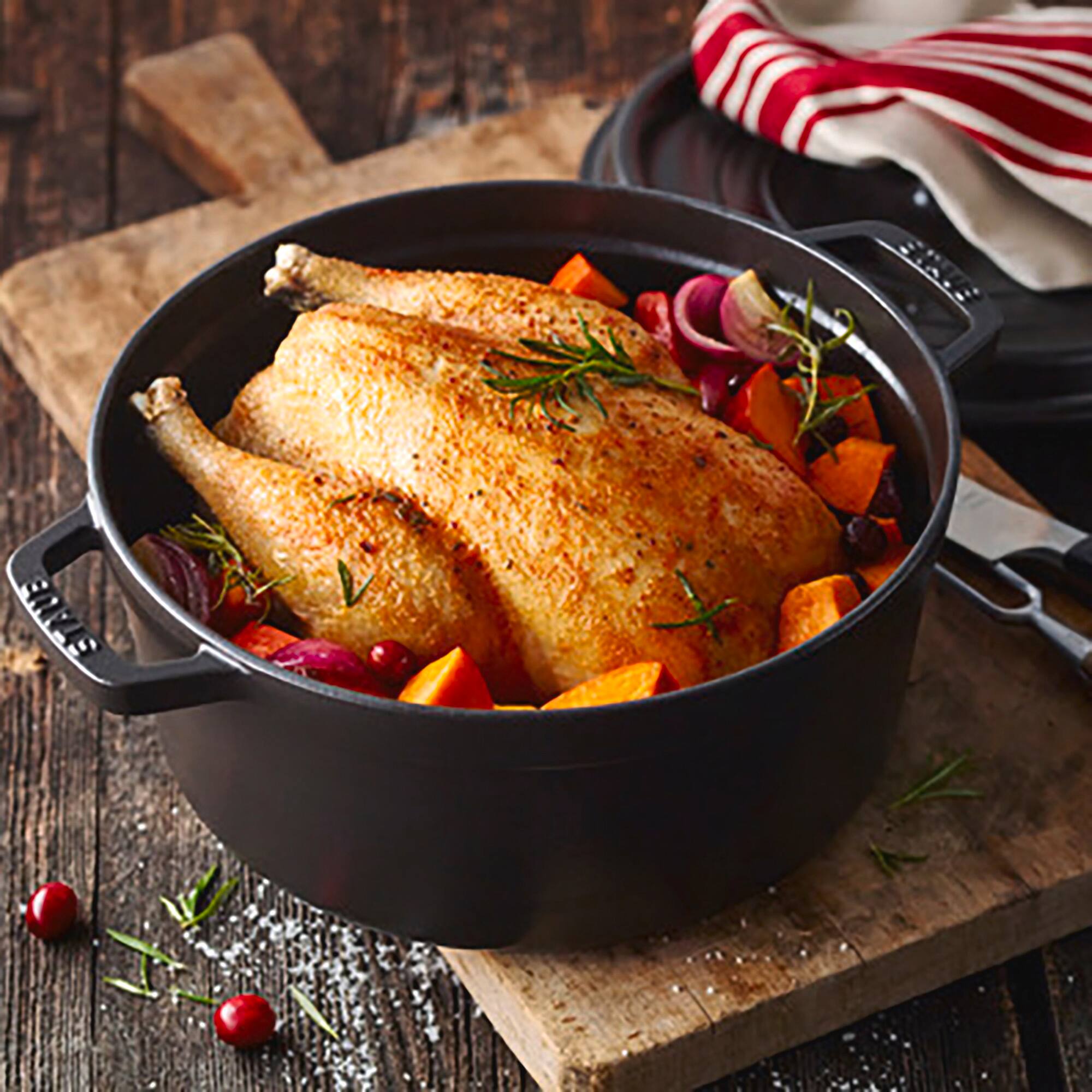 Alt View 2. Staub - Cast Iron Round Cocotte, Dutch Oven, 5.5-quart, serves 5-6, Made in France - Matte Black.
