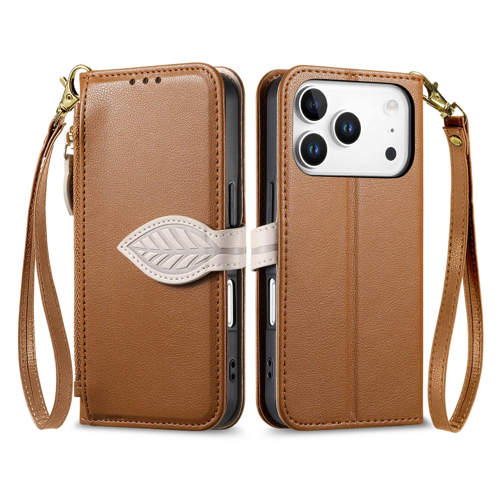 Angle. UUCOVER - Zipper Wallet Case for Apple iPhone 18 Pro Magnetic Leather+TPU Card Slots Stand Cover with Shoulder Strap/Wrist Strap - Brown.