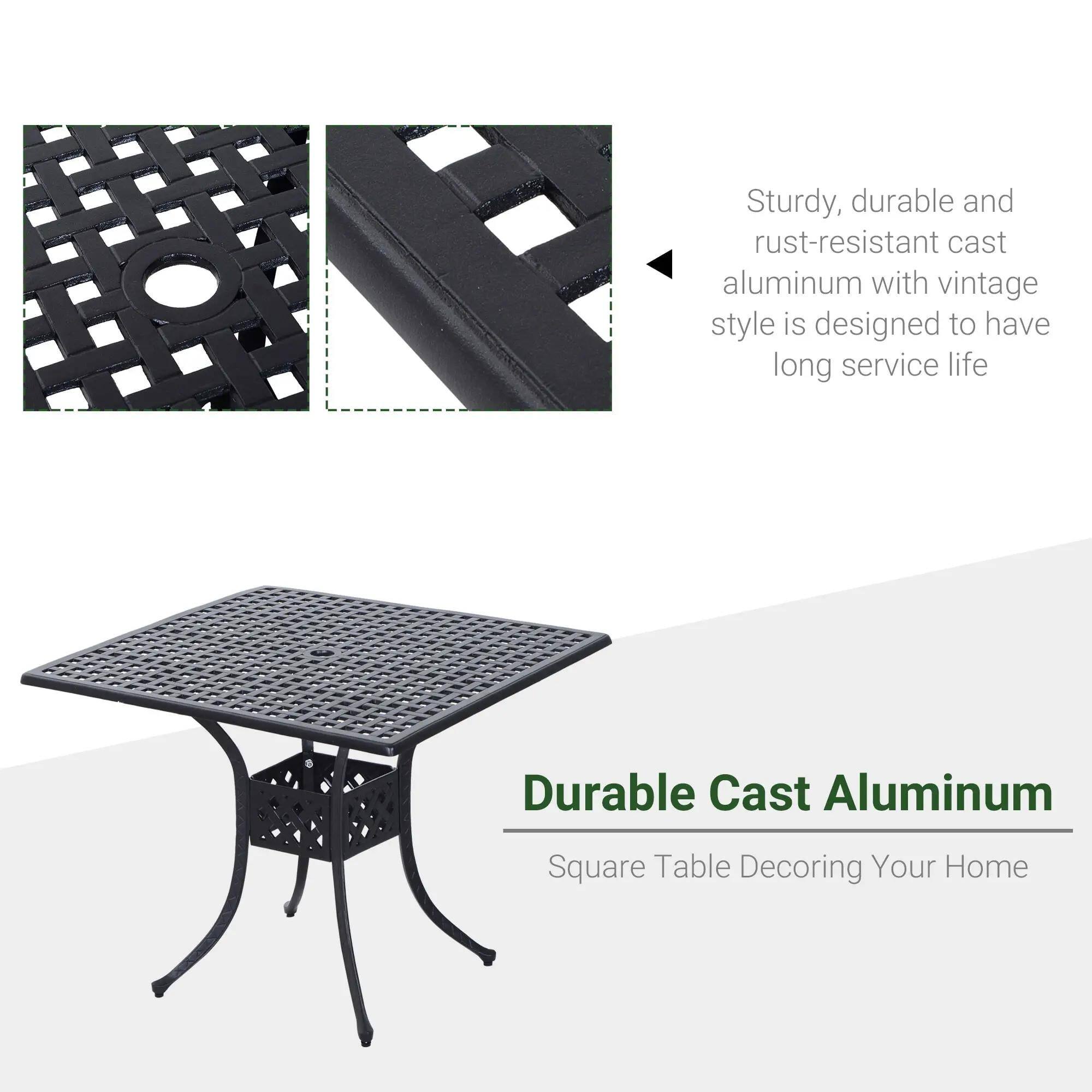 Durable Cast Aluminum

Sturdy, durable and rust-resistant cast aluminum with vintage style is designed to have long service life

Square Table Decoring Your Home