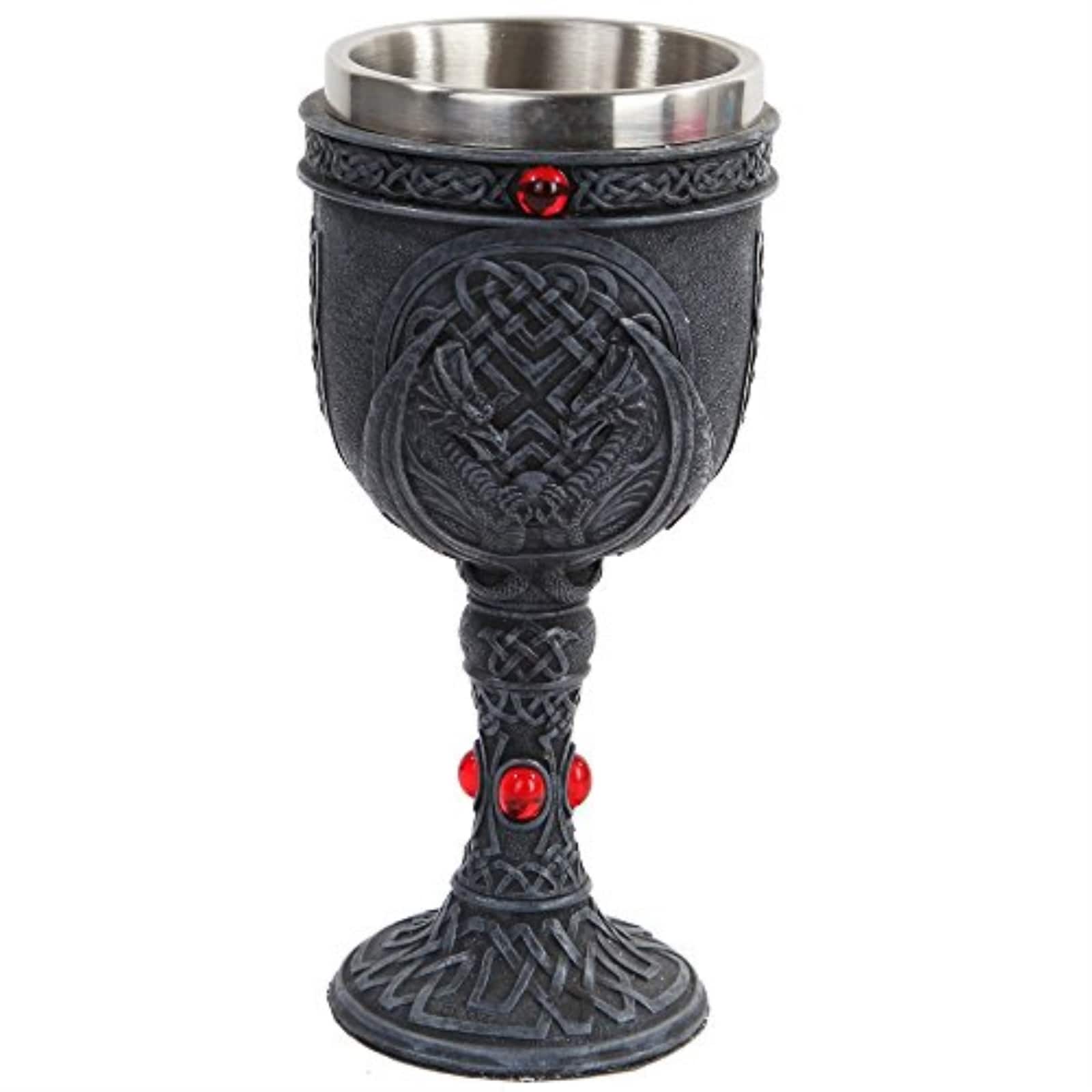 Pacific Trading - Celtic Winged Dragon Wine Goblet Chalice Resin Body Stainless Steel Faux Stone 6 ounce - Gray