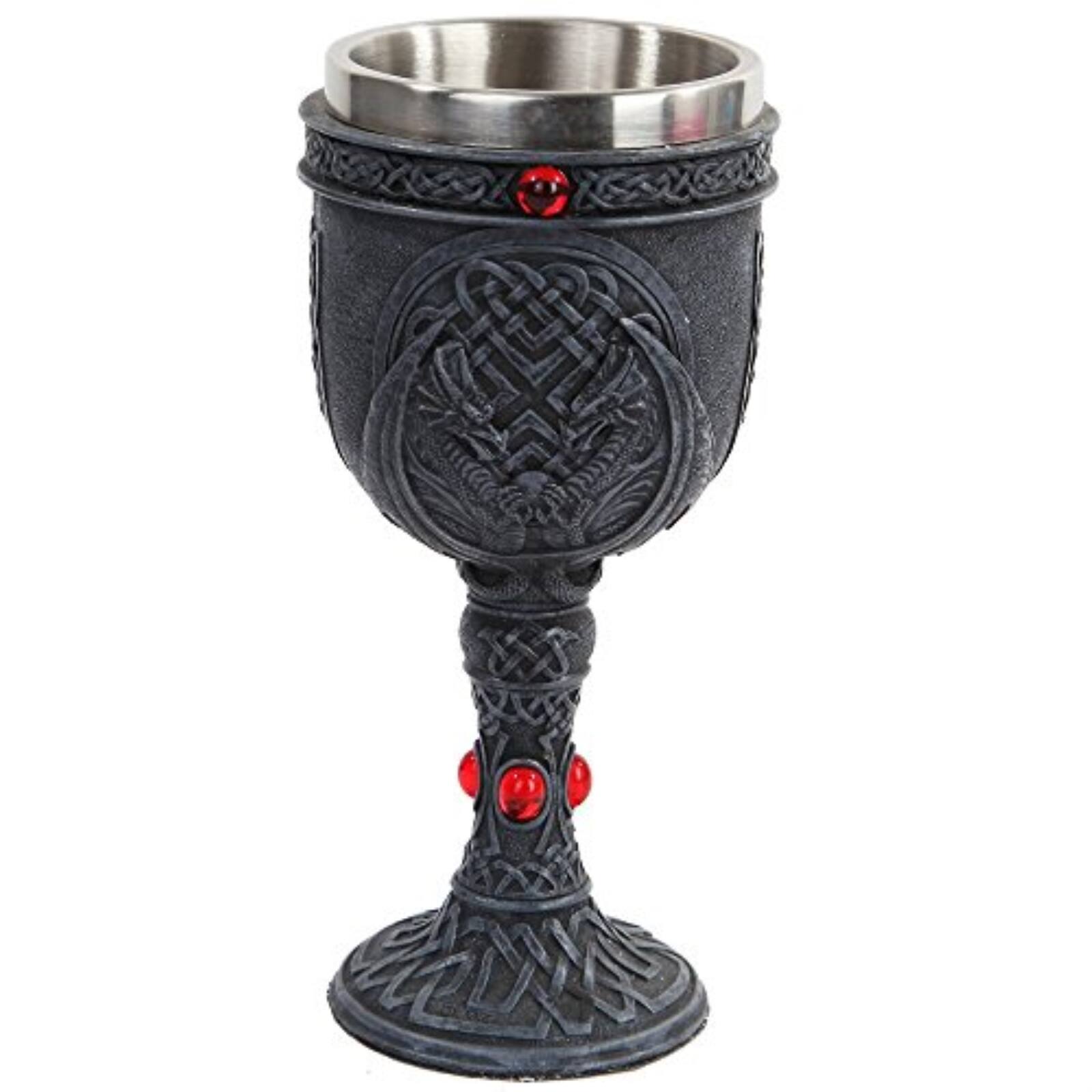 Front. Pacific Trading - Celtic Winged Dragon Wine Goblet Chalice Resin Body Stainless Steel Faux Stone 6 ounce - Gray.