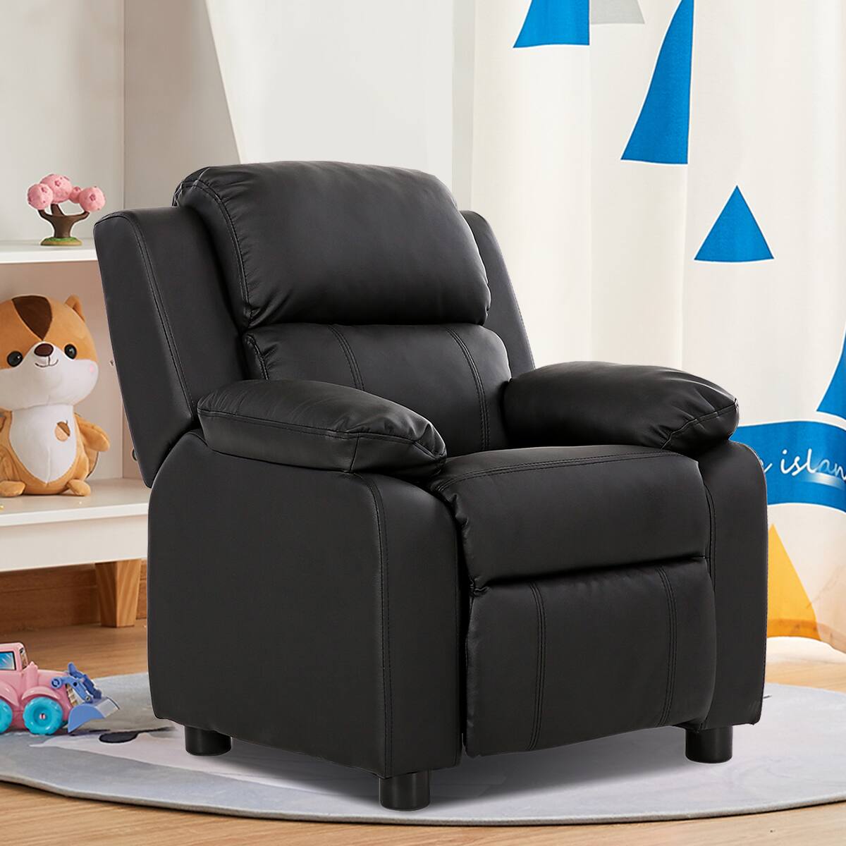 Alt View 1. Costway - Costway Padded Kids Sofa Armchair Recliner Headrest Children w/ Storage Arm Black - Black.