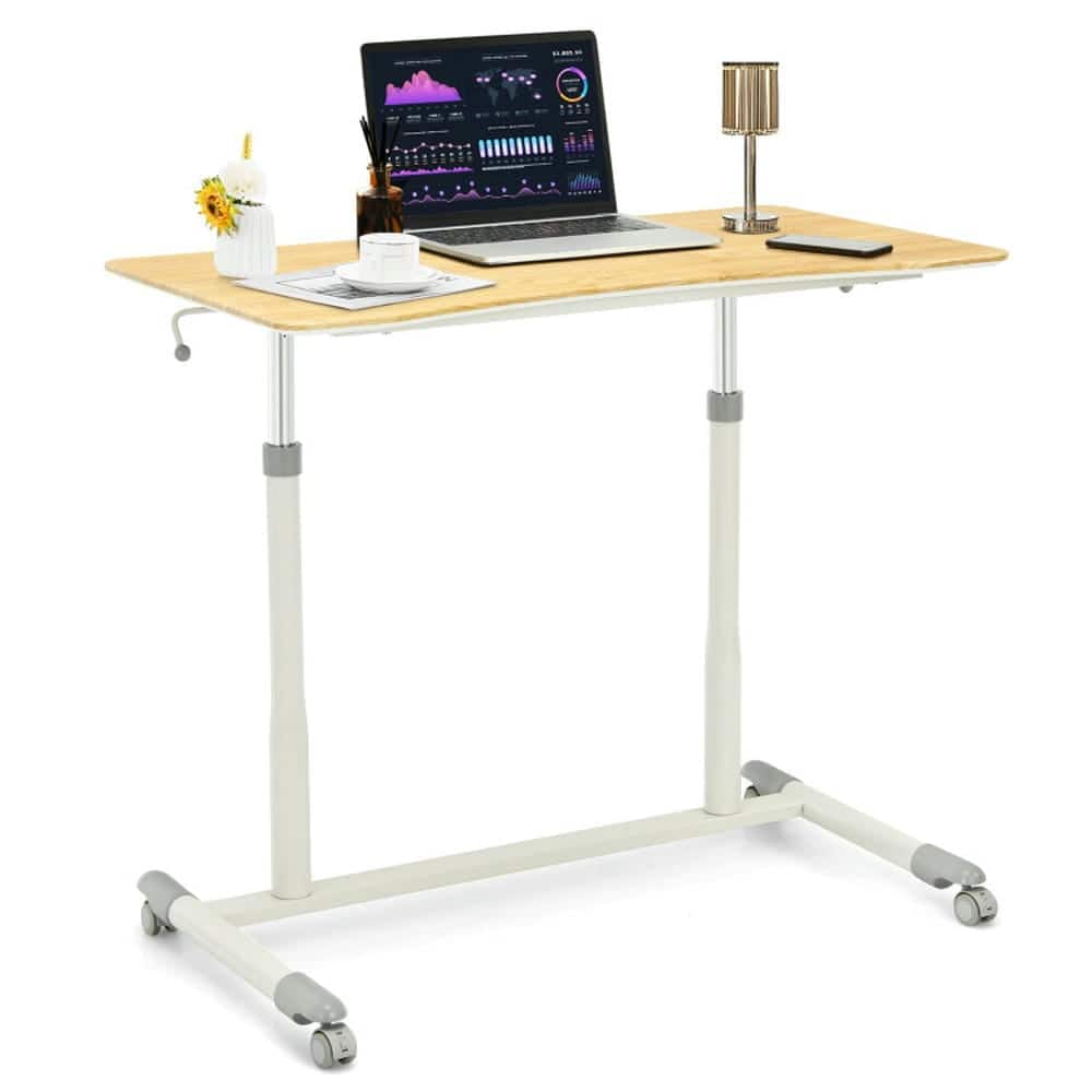 Pefilos - Height Adjustable Computer Desk Sit to Stand Rolling Notebook Table -Natural, Office Furniture, Desk - Brown