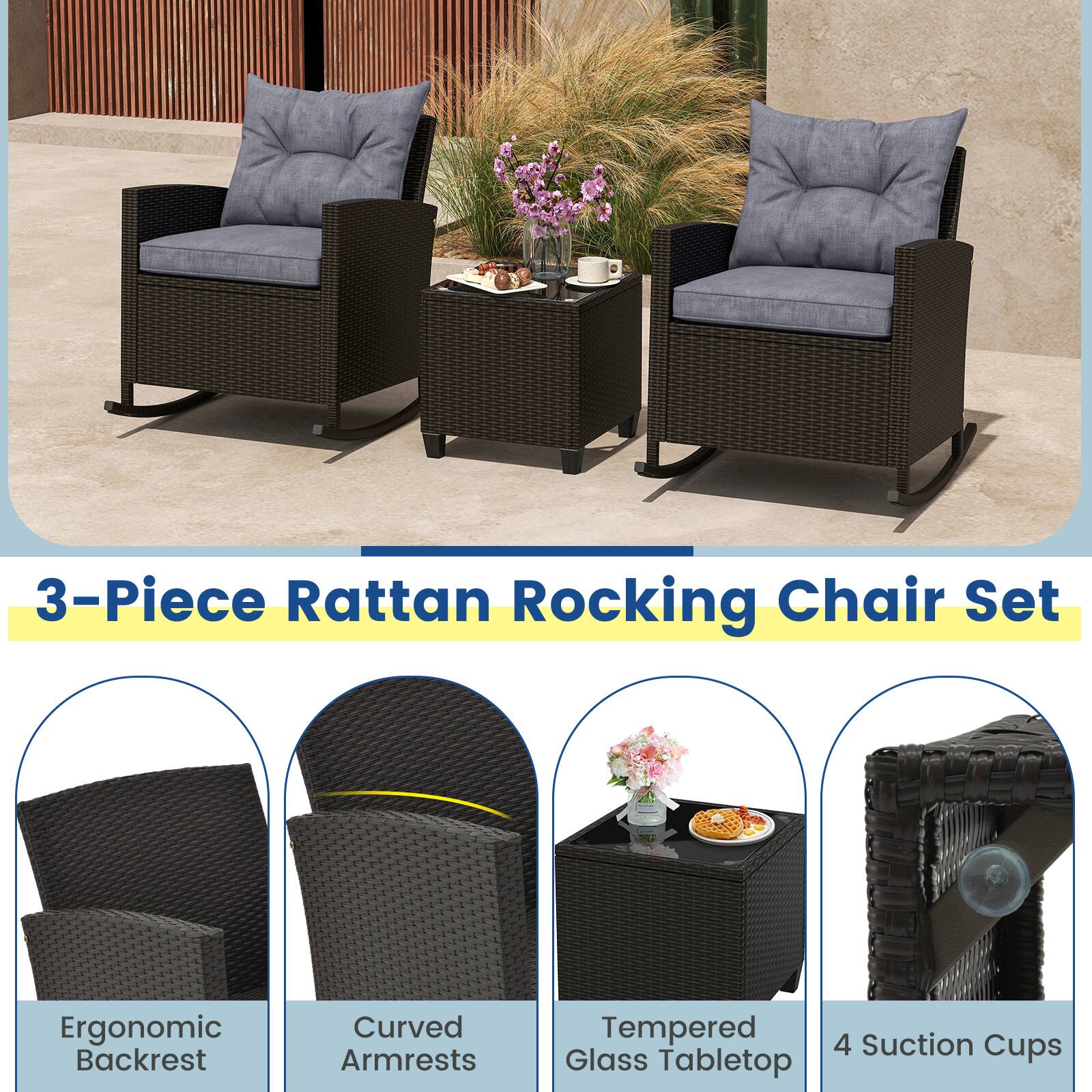 3-Piece Rattan Rocking Chair Set

- Ergonomic Backrest
- Curved Armrests
- Tempered Glass Tabletop
- 4 Suction Cups