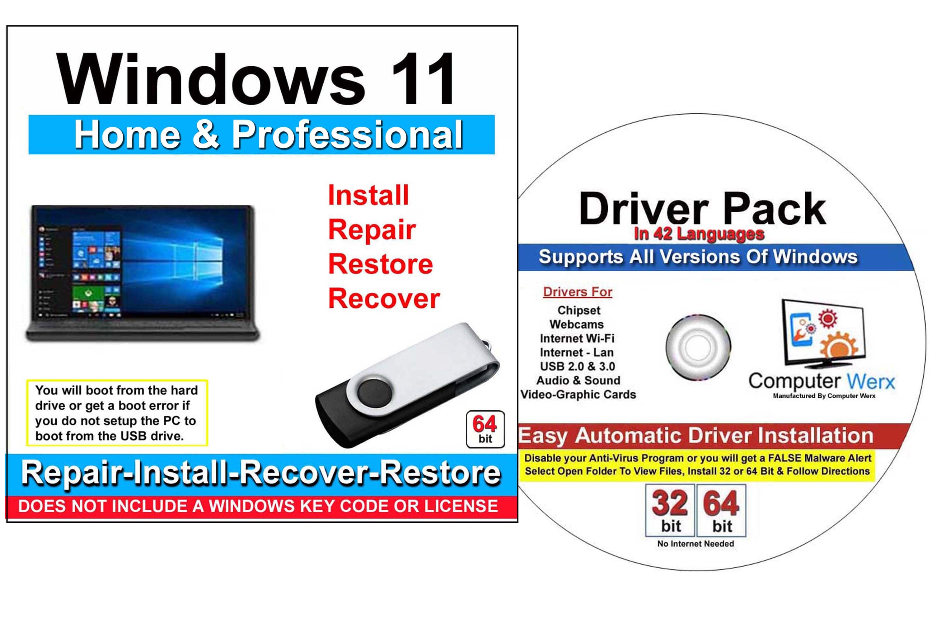 Computer Werx - Windows 11 All Versions Bootable 64 Bit Repair Recover Restore Reinstall USB & Windows Drivers pack. - Windows