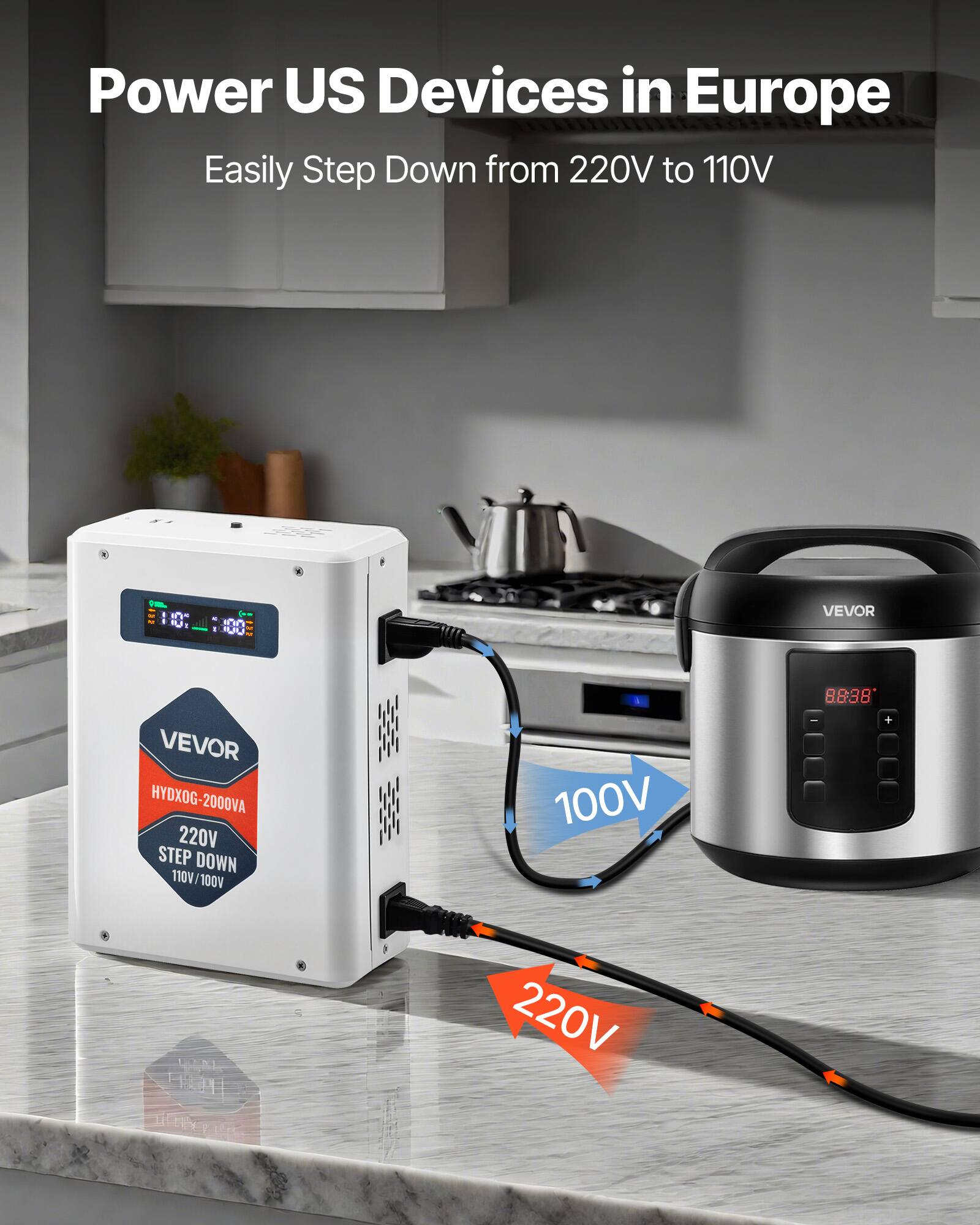 Power US Devices in Europe  
Easily Step Down from 220V to 110V

VEVOR  
HYDXOG-2000VA 220V STEP DOWN 110V/100V

100V  
220V