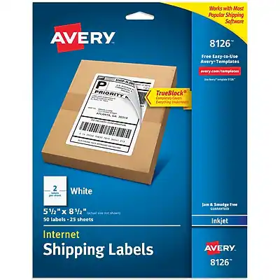 AVERY
Works with Most Popular Shipping Software
8126
Free Easy-to-Use Avery Templates
avery.com/templates
PRIORITY
TrueBlock®
Covers Entire Shipping Box
White
5 1/2" x 8 1/2"
50 labels - 25 sheets
Internet Shipping Labels
Jam & Smudge Free
Inkjet
AVERY
8126