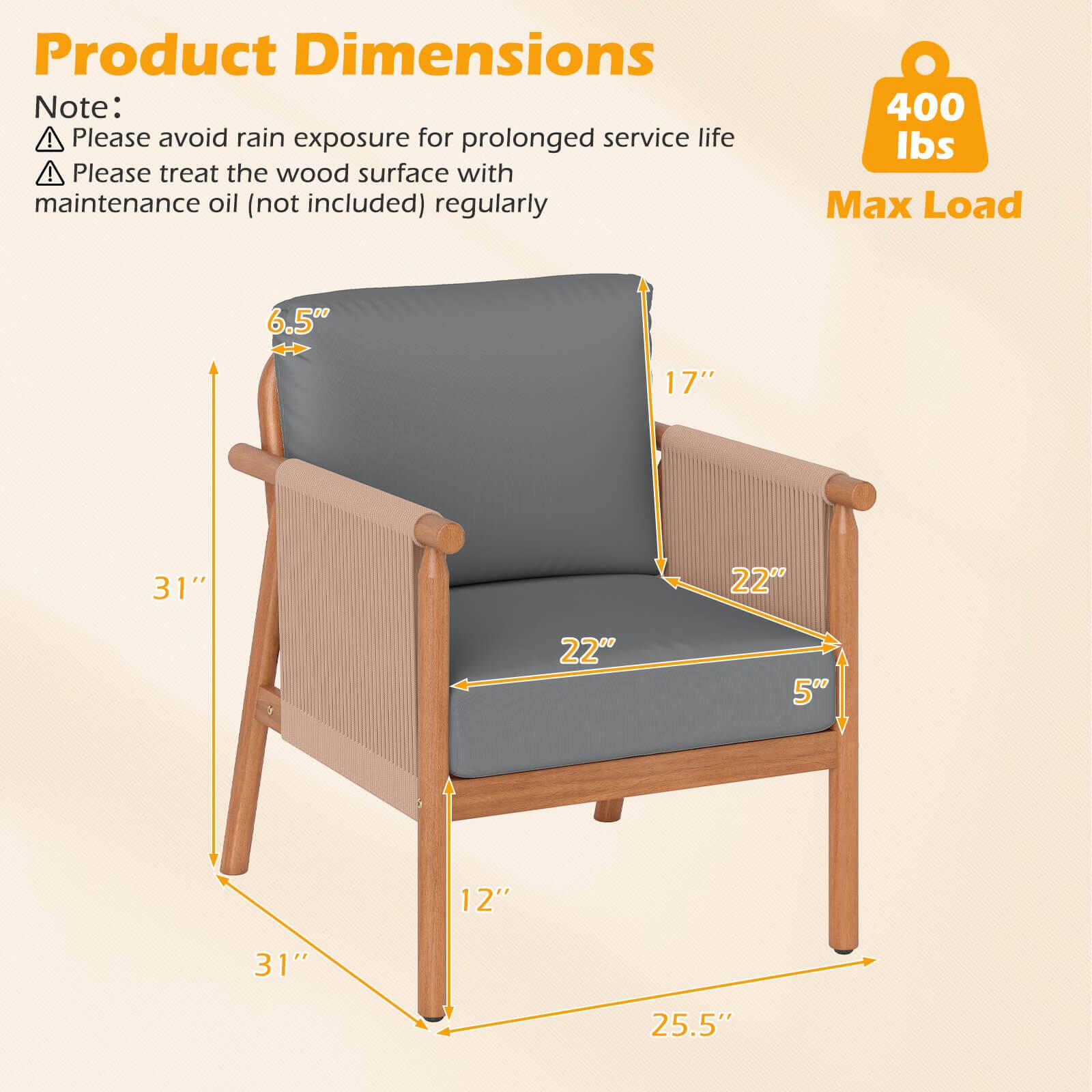 Product Dimensions

Note:
- Please avoid rain exposure for prolonged service life
- Please treat the wood surface with maintenance oil (not included) regularly

400 lbs Max Load

6.5"  
17"  
31"  
22"  
22"  
5"  
12"  
31"  
25.5"