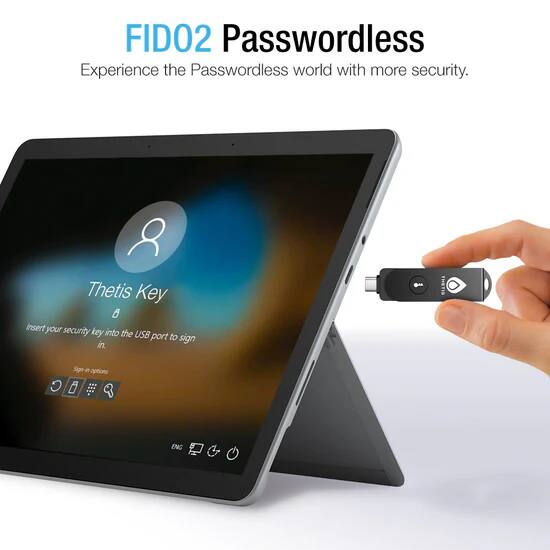 FID02 Passwordless  
Experience the Passwordless world with more security.  

Thetis Key  
Insert your security key into the USB port to sign in  

Sin-e aptions O 0  ENG