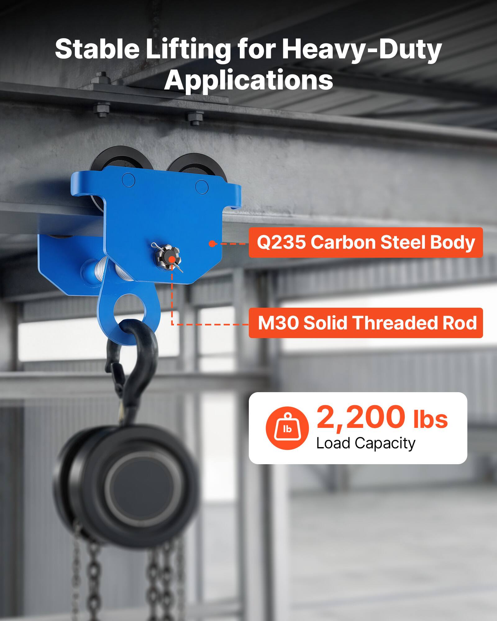 Stable Lifting for Heavy-Duty Applications

Q235 Carbon Steel Body

M30 Solid Threaded Rod

2,200 lbs Load Capacity