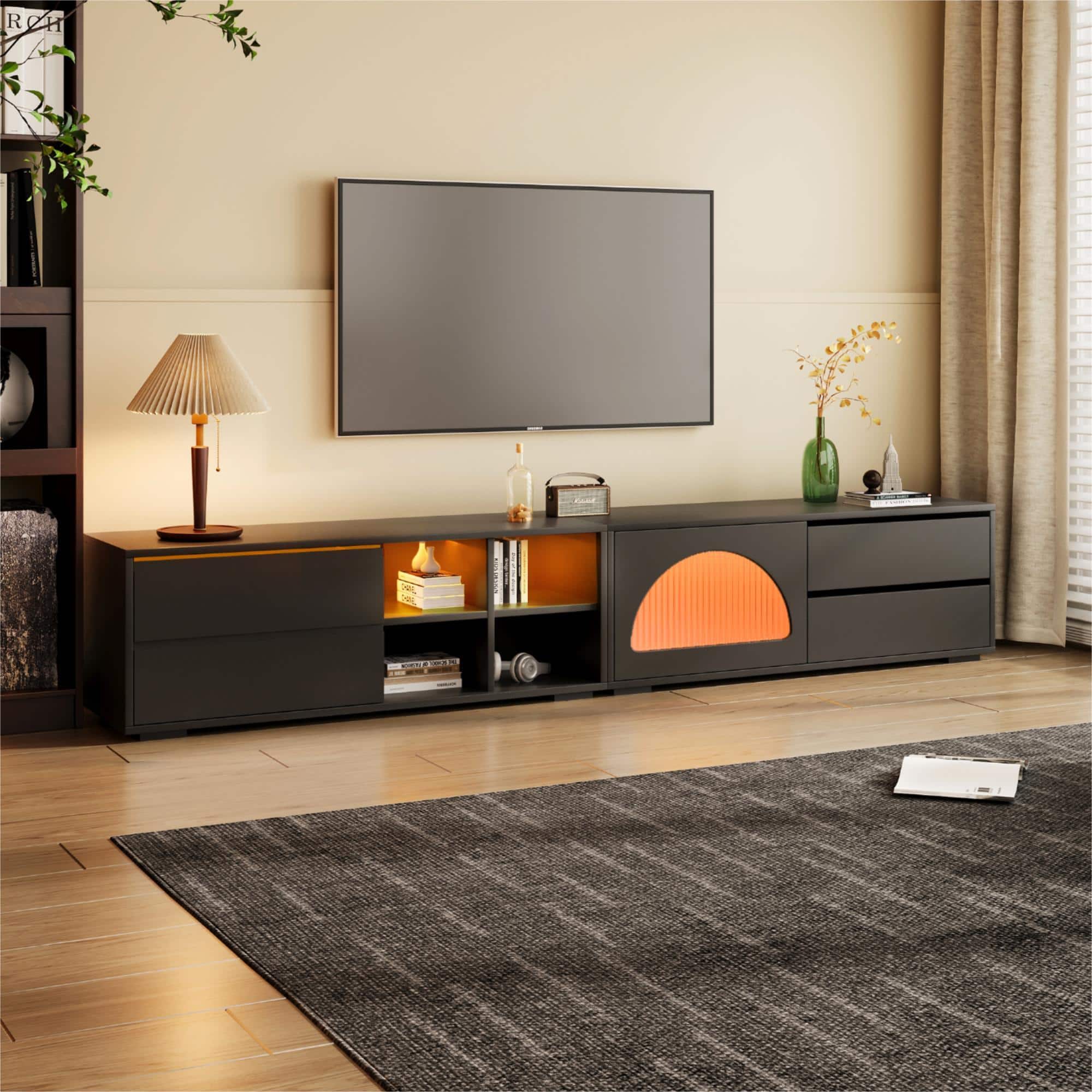 Front. Bestier - Modern Entertainment Center with Fluted Glass Door, TV Media Console with Sliding Door, 2 Drawers, LED Light - Black.