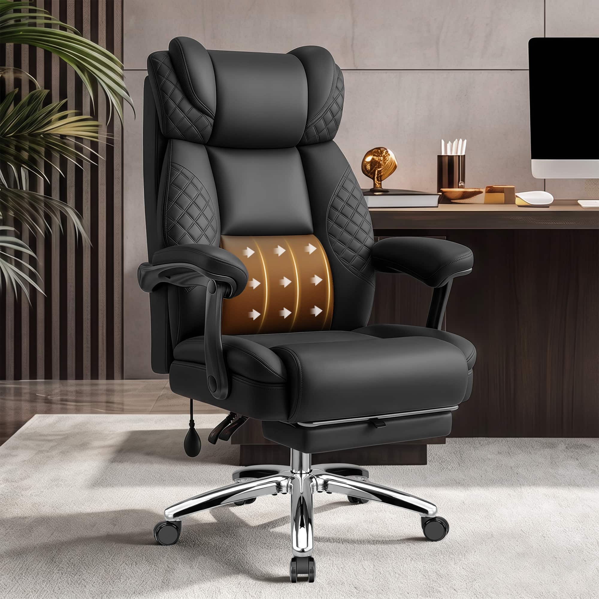 KERDOM - Big & Tall Executive Office Chair with Adjustable Lumbar Support, High Back Ergonomic Wide Gaming Chair with Footrest - Black
